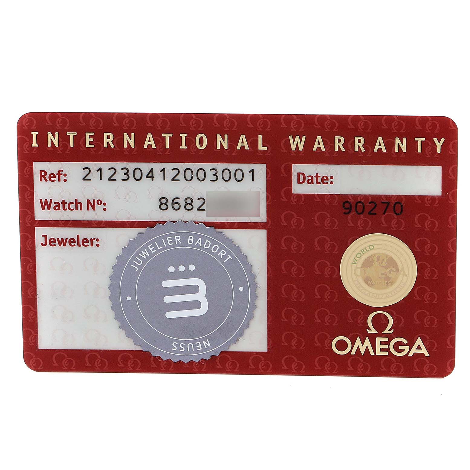 This image shows the International Warranty card for the Omega Seamaster 212.30.41.20.03.001 Men's Stainless Steel Blue Dial 212.30.41.20.03.001 Men's Stainless Steel Blue Dial watch model.