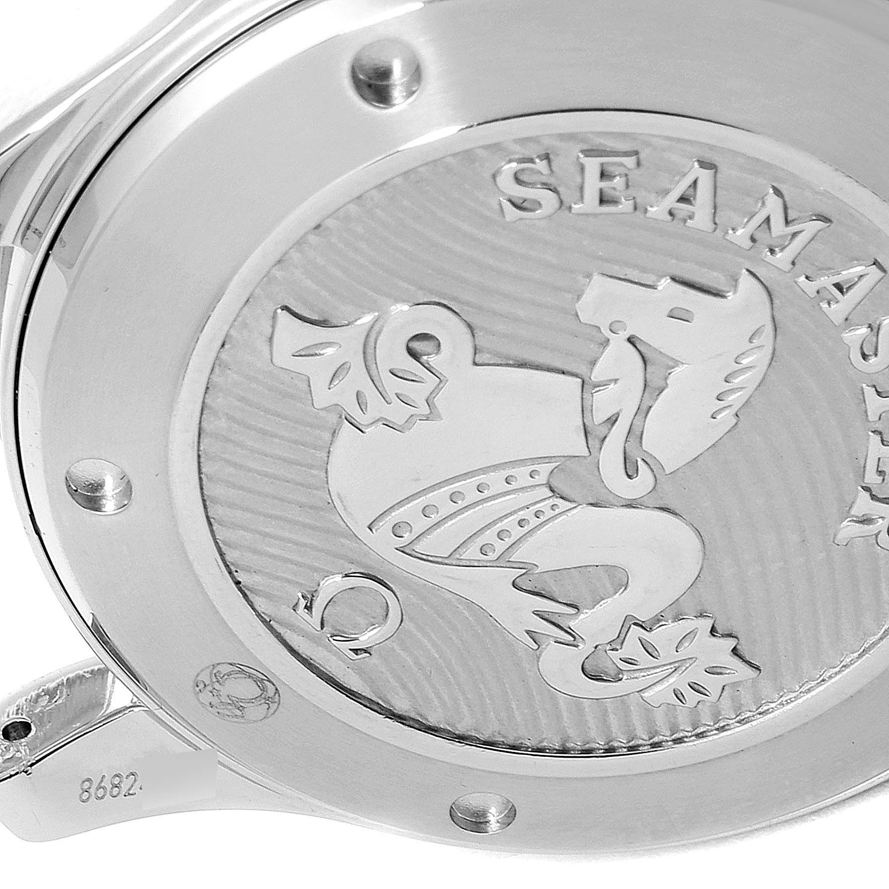 This image shows the back case of an Omega Seamaster 212.30.41.20.03.001 Men's Stainless Steel Blue Dial 212.30.41.20.03.001 Men's Stainless Steel Blue Dial watch, featuring the engraved Seamaster logo.