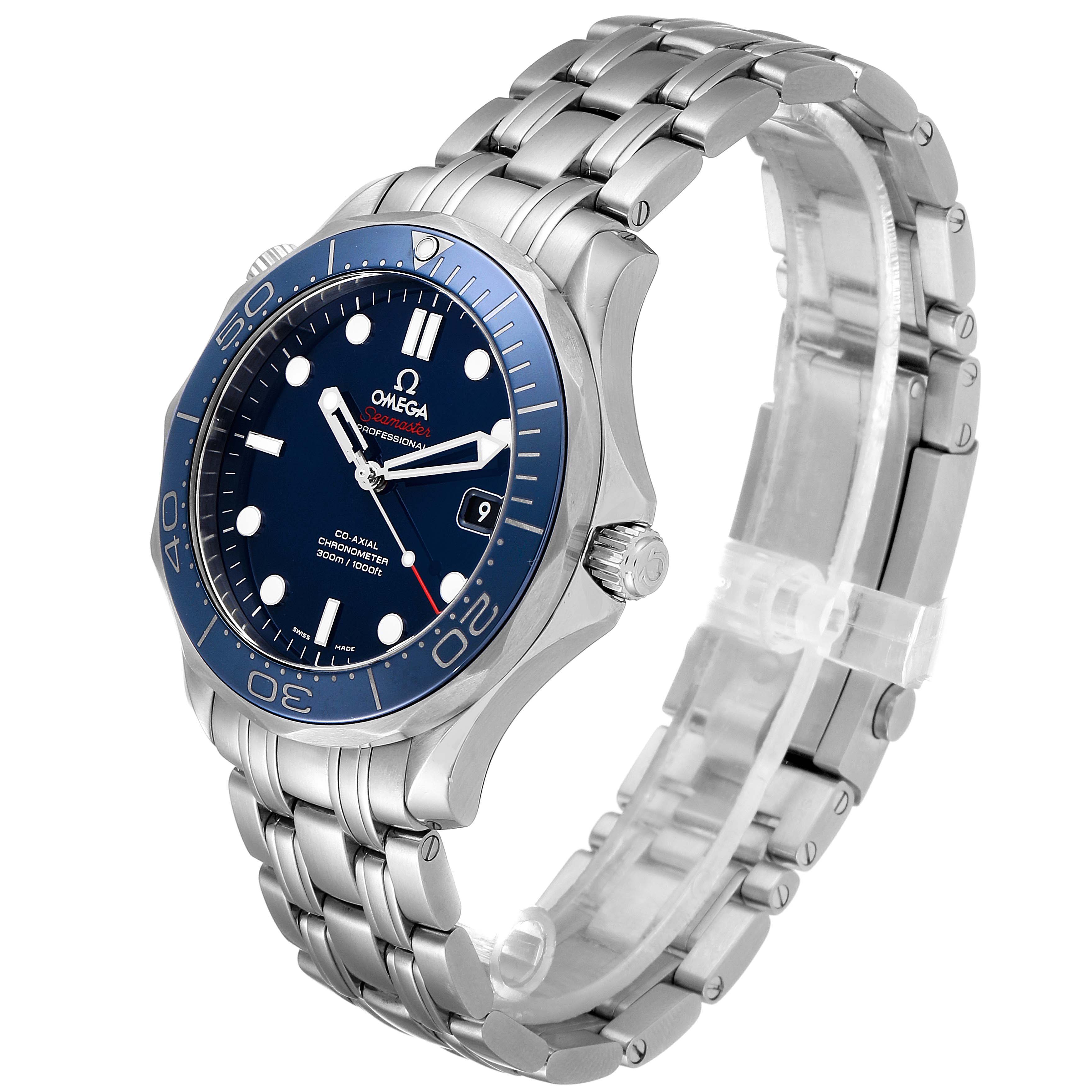 The image shows a side angle view of an Omega Seamaster 212.30.41.20.03.001 Men's Stainless Steel Blue Dial 212.30.41.20.03.001 Men's Stainless Steel Blue Dial watch, highlighting its stainless steel bracelet and blue dial.