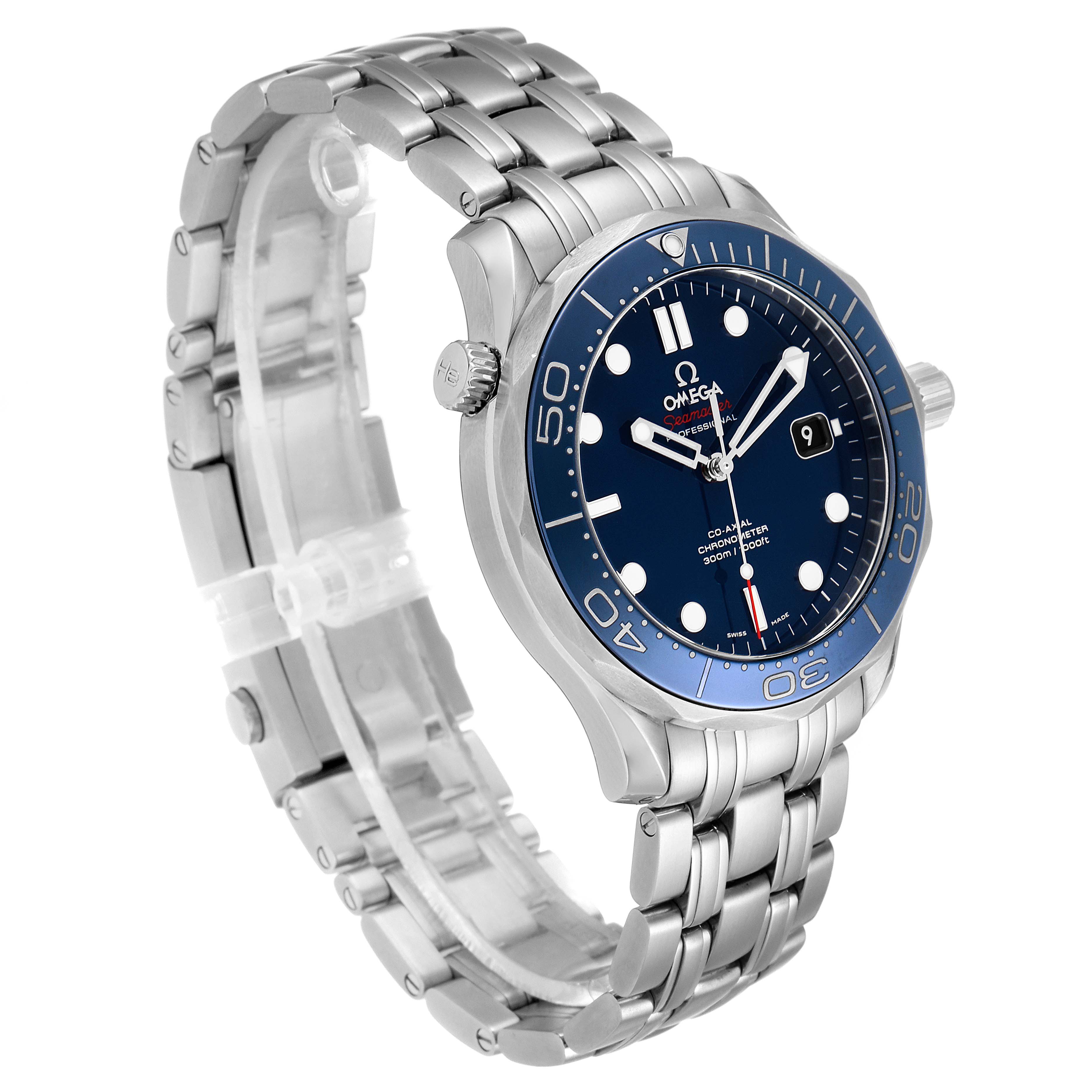 The image shows an Omega Seamaster 212.30.41.20.03.001 Men's Stainless Steel Blue Dial 212.30.41.20.03.001 Men's Stainless Steel Blue Dial watch at a 3/4 angle, highlighting its blue dial, bezel, bracelet, and crown.