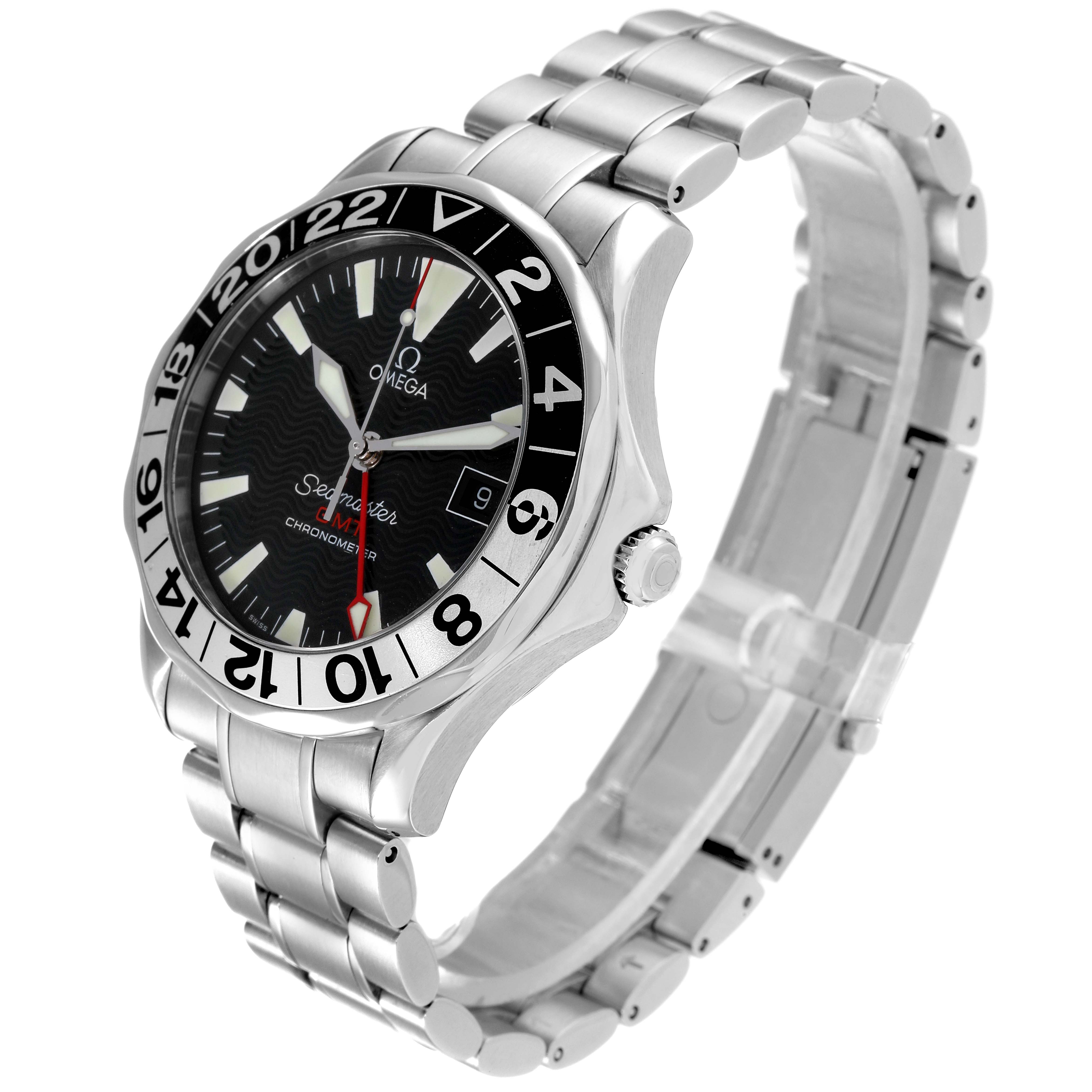 This Omega Seamaster 2234.50.00 Men's Stainless Steel Black Dial 2234.50.00 Men's Stainless Steel Black Dial watch is shown at an angle highlighting its face, bezel, and stainless steel bracelet.