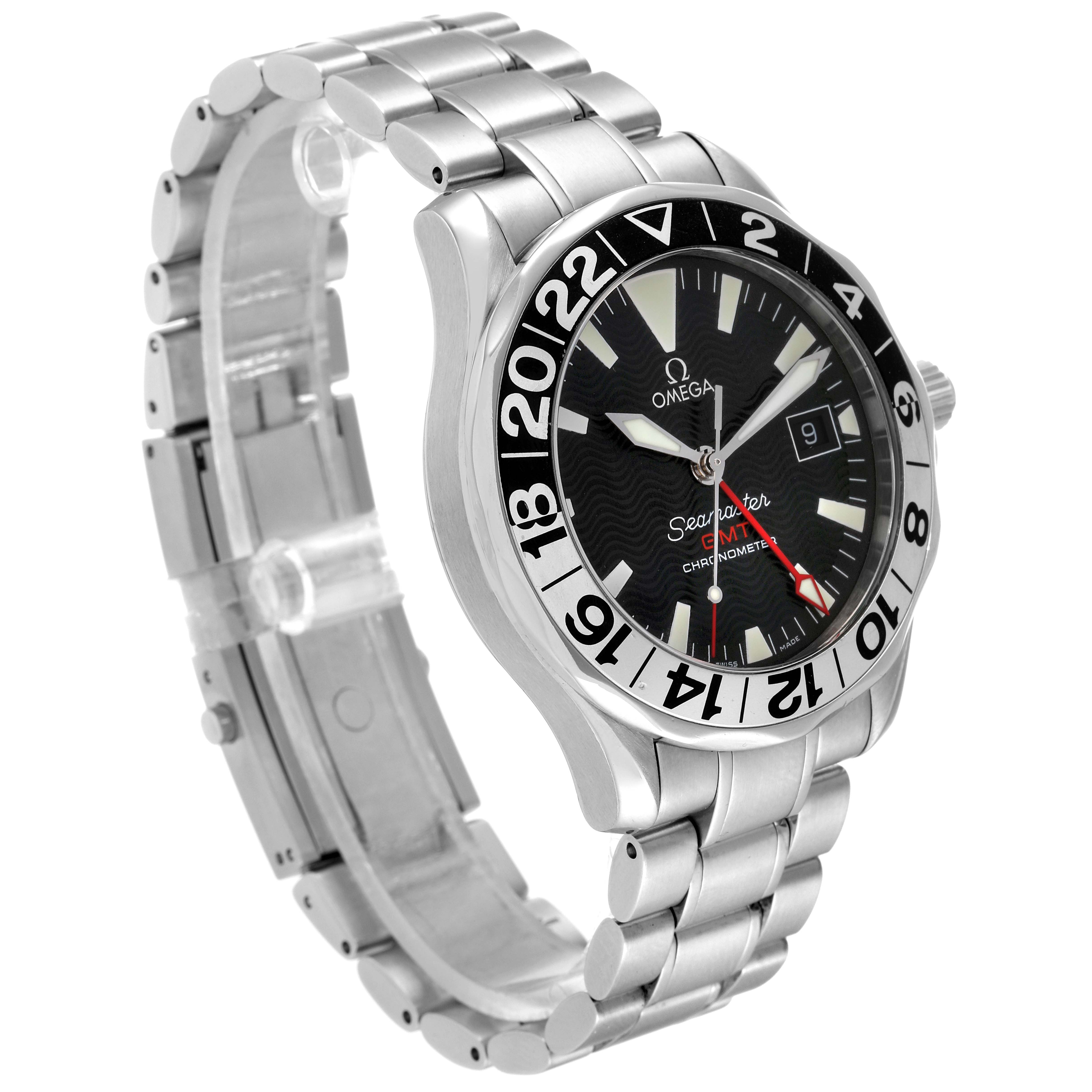 This image shows a side angle of the Omega Seamaster 2234.50.00 Men's Stainless Steel Black Dial 2234.50.00 Men's Stainless Steel Black Dial watch, highlighting its bracelet, bezel, and face.
