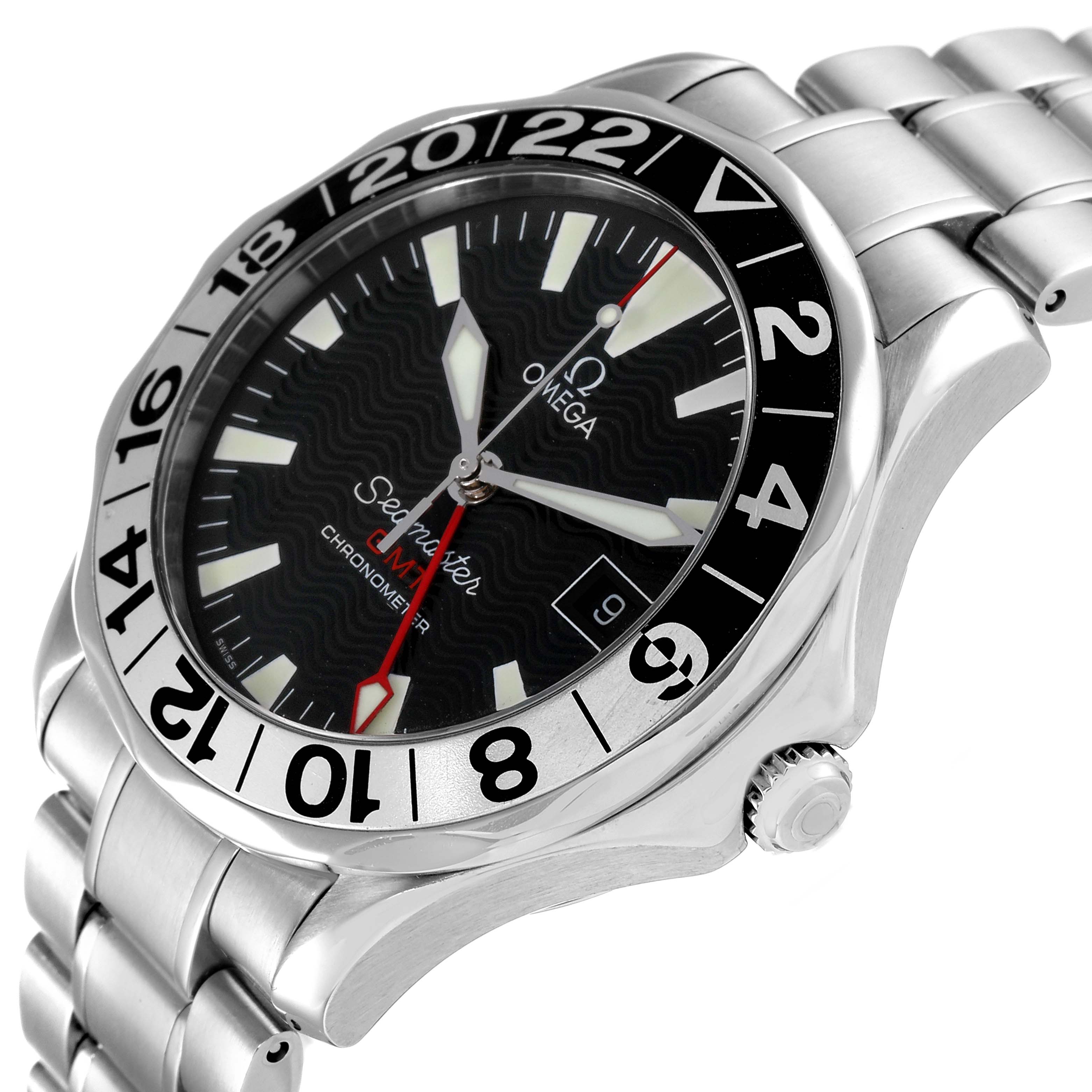 The Omega Seamaster 2234.50.00 Men's Stainless Steel Black Dial 2234.50.00 Men's Stainless Steel Black Dial watch is shown at an angled side view, displaying the dial, bezel, crown, and part of the bracelet.