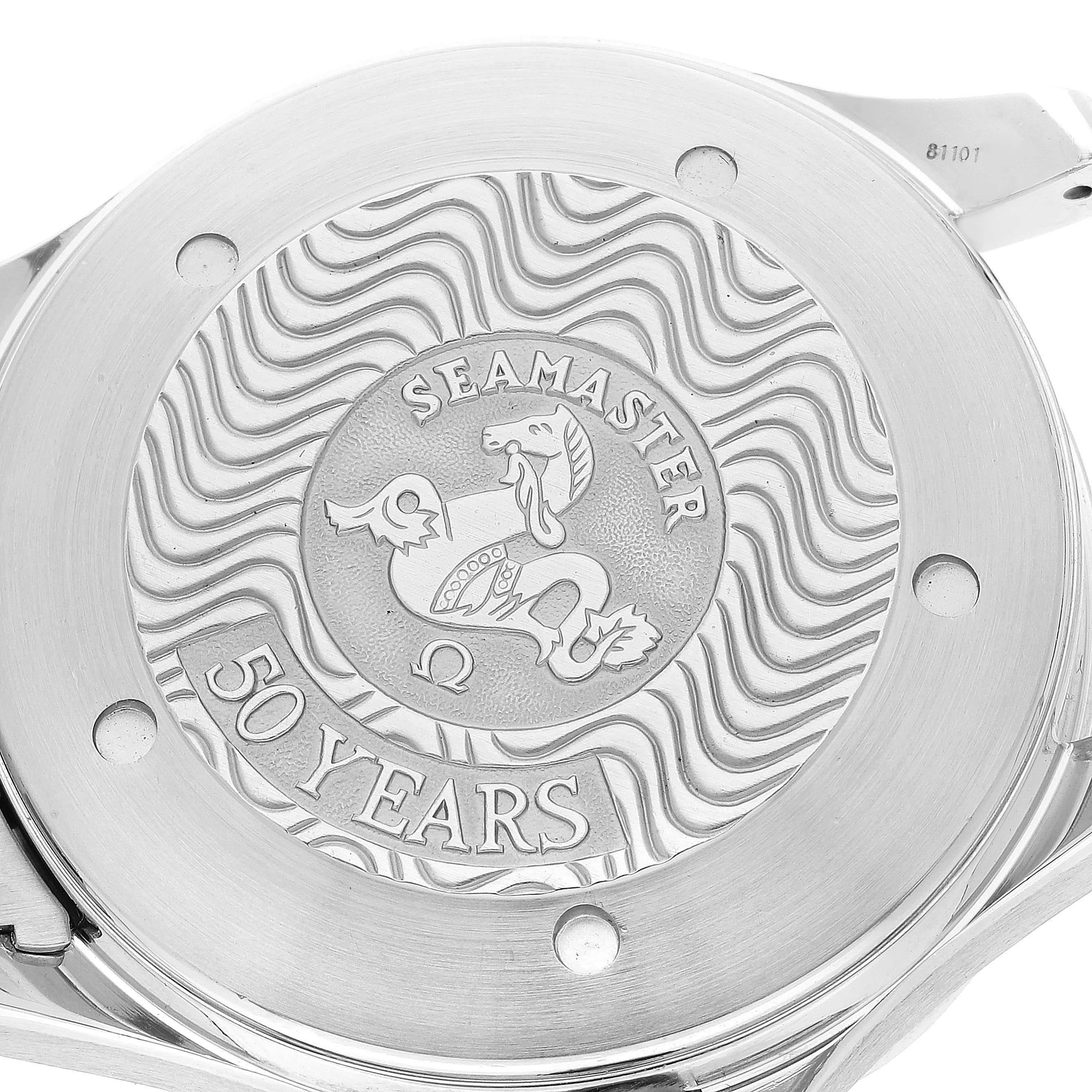 The image shows the case back of an Omega Seamaster 2234.50.00 Men's Stainless Steel Black Dial 2234.50.00 Men's Stainless Steel Black Dial watch, highlighting its 50th anniversary engraving.