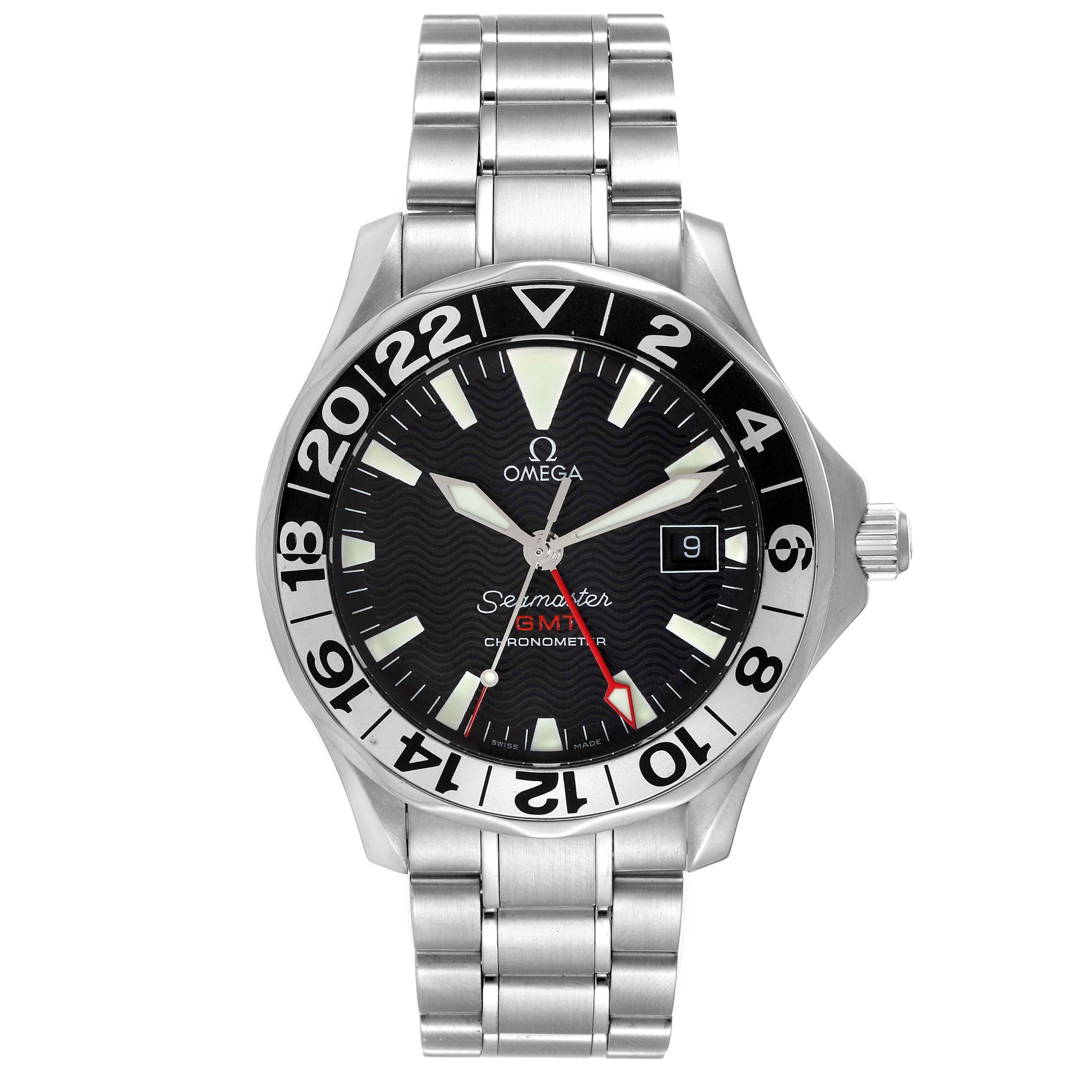 The Omega Seamaster 2234.50.00 Men's Stainless Steel Black Dial 2234.50.00 Men's Stainless Steel Black Dial watch is shown from the front, highlighting its face, bezel, crown, and metal strap.