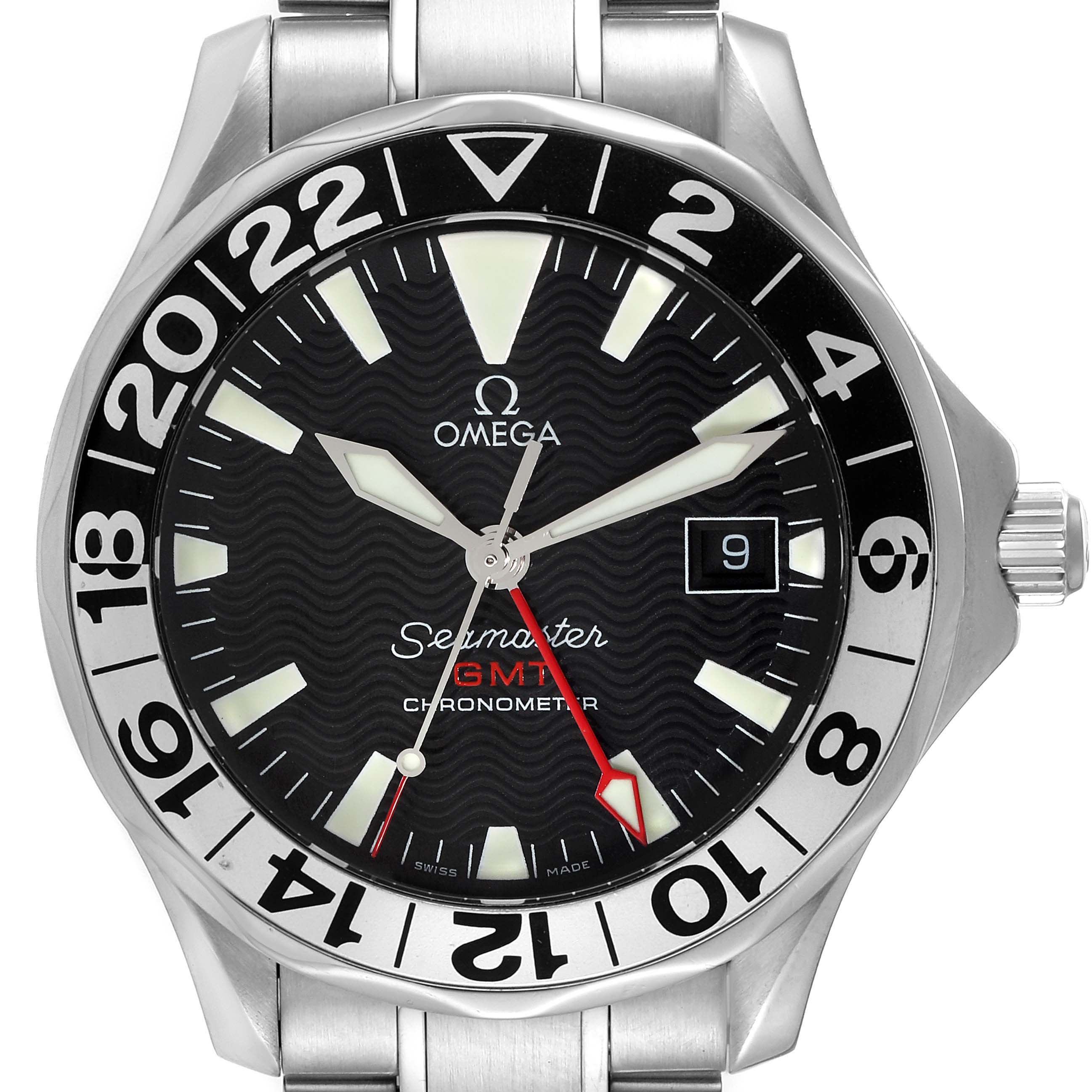 The image shows a front view of the Omega Seamaster 2234.50.00 Men's Stainless Steel Black Dial 2234.50.00 Men's Stainless Steel Black Dial GMT watch, displaying the dial, hands, bezel, and a small portion of the bracelet.