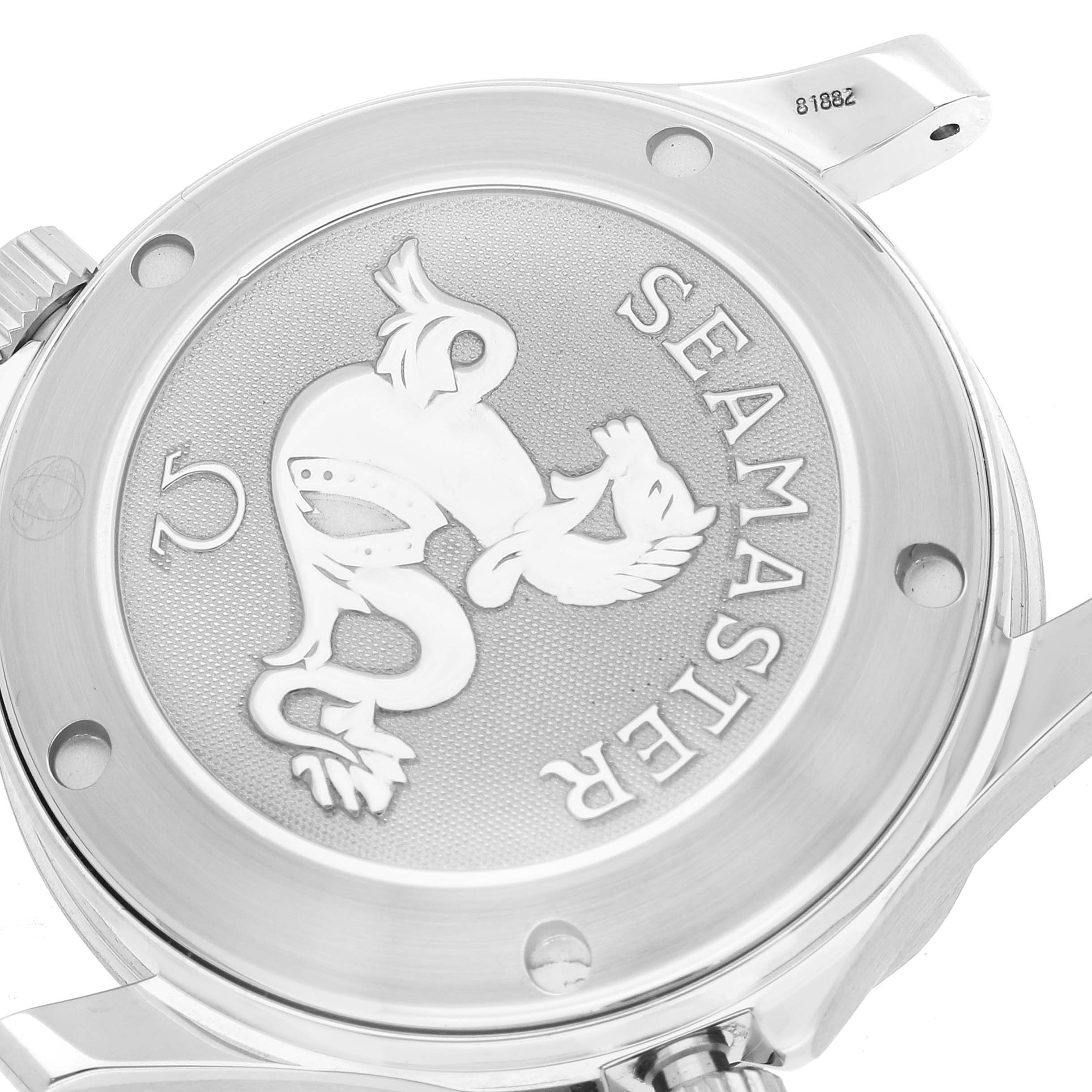 This image shows the case back of an Omega Seamaster 2222.80.00 Men
s Stainless Steel Blue Dial 2222.80.00 Men
s Stainless Steel Blue Dial watch, featuring the emblem and model name engraving.