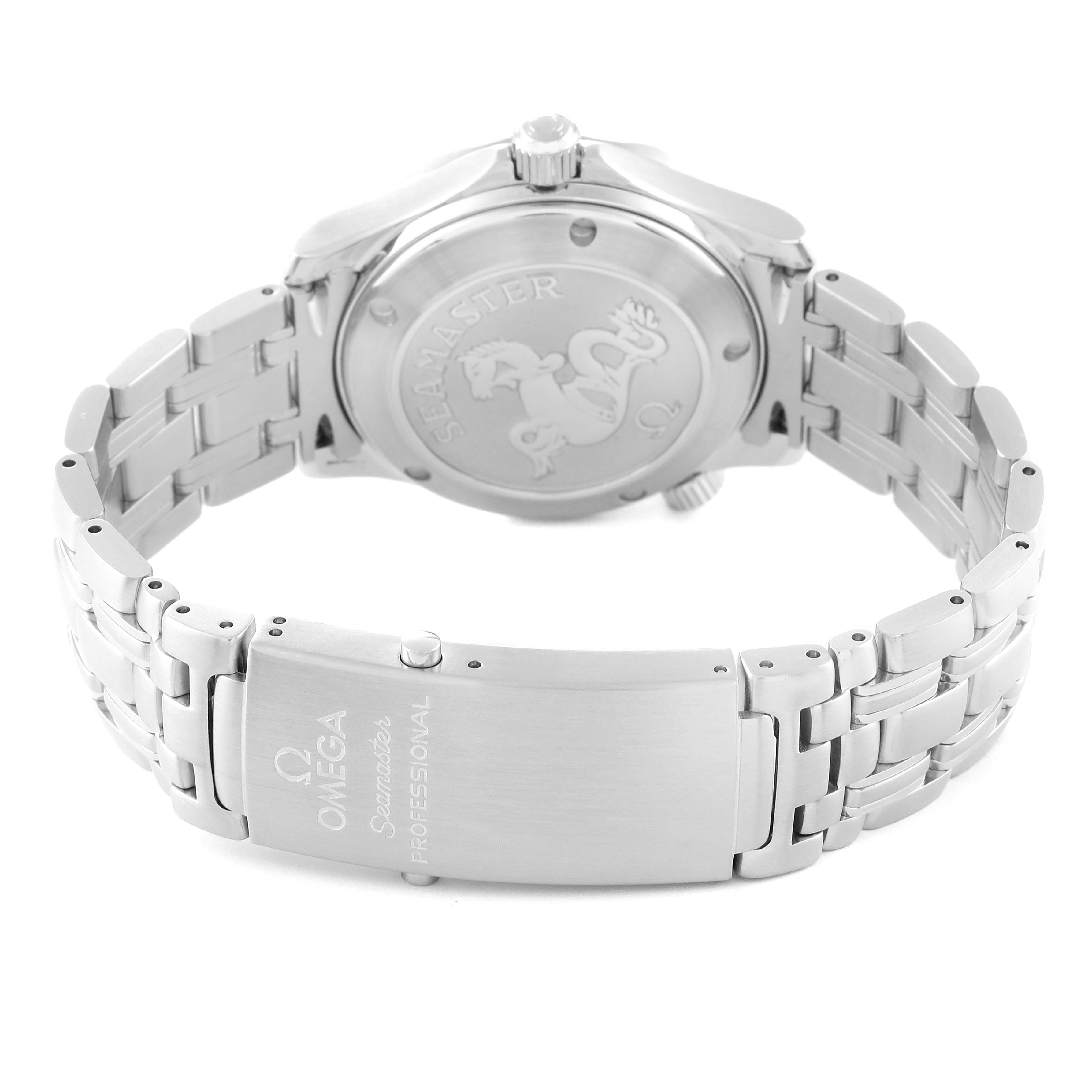 The image shows the back and clasp view of an Omega Seamaster 2222.80.00 Men
s Stainless Steel Blue Dial 2222.80.00 Men
s Stainless Steel Blue Dial watch, highlighting its metal bracelet and engraved case back.