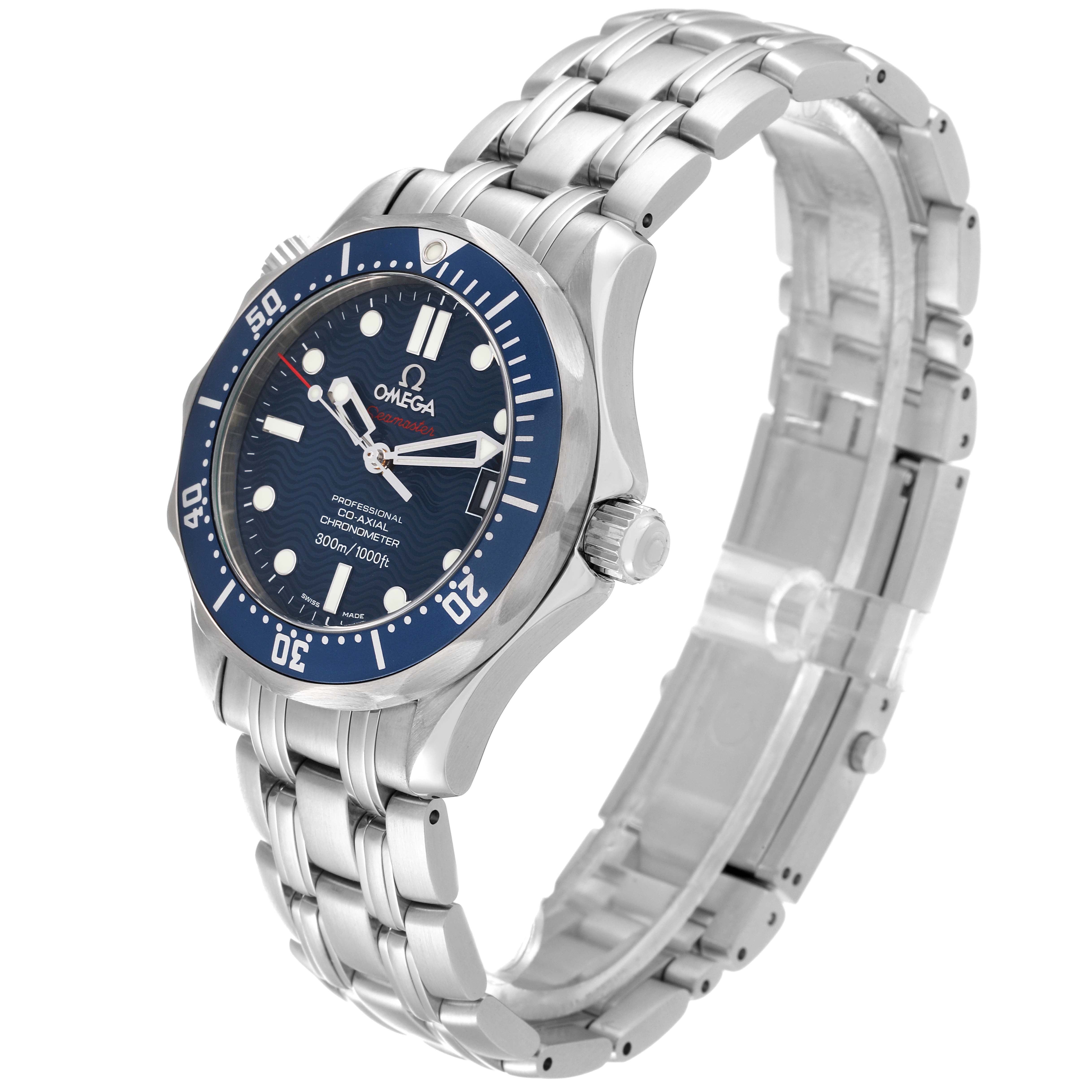 The Omega Seamaster 2222.80.00 Men
s Stainless Steel Blue Dial 2222.80.00 Men
s Stainless Steel Blue Dial watch is shown at a three-quarter angle, highlighting its face, bezel, crown, and metal bracelet.