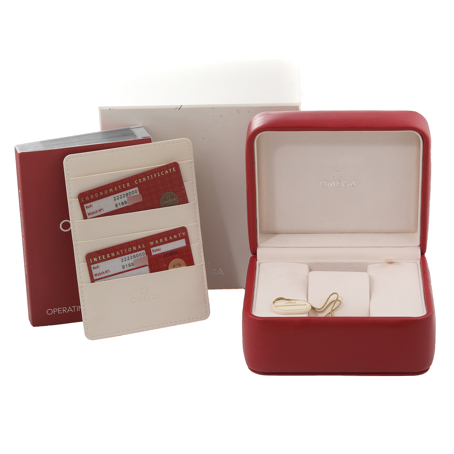 The image shows the storage box, warranty cards, and documentation for an Omega Seamaster 2222.80.00 Men
s Stainless Steel Blue Dial 2222.80.00 Men
s Stainless Steel Blue Dial watch.