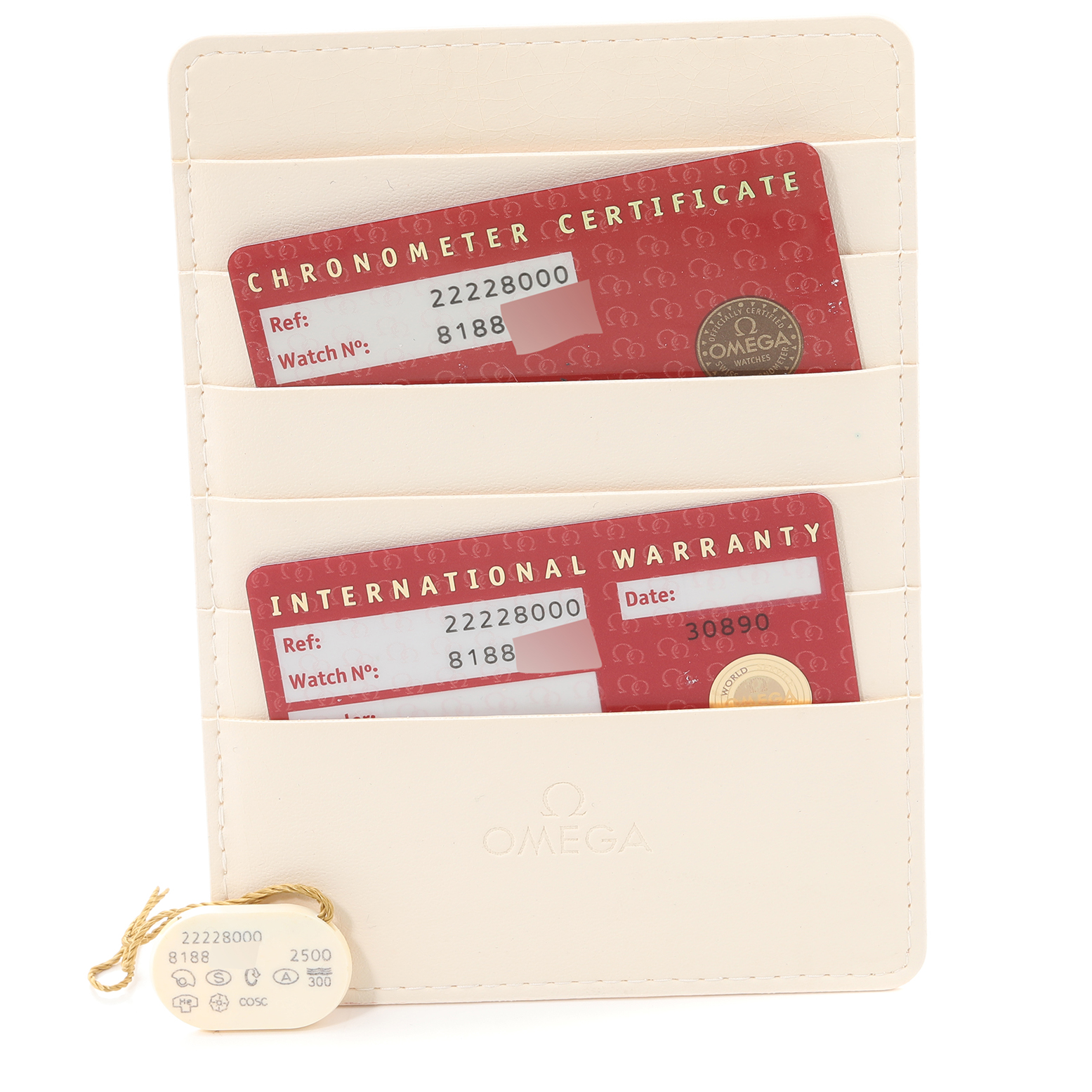 This image shows the warranty cards and chronometer certificate for the Omega Seamaster 2222.80.00 Men
s Stainless Steel Blue Dial 2222.80.00 Men
s Stainless Steel Blue Dial watch, along with a watch tag.