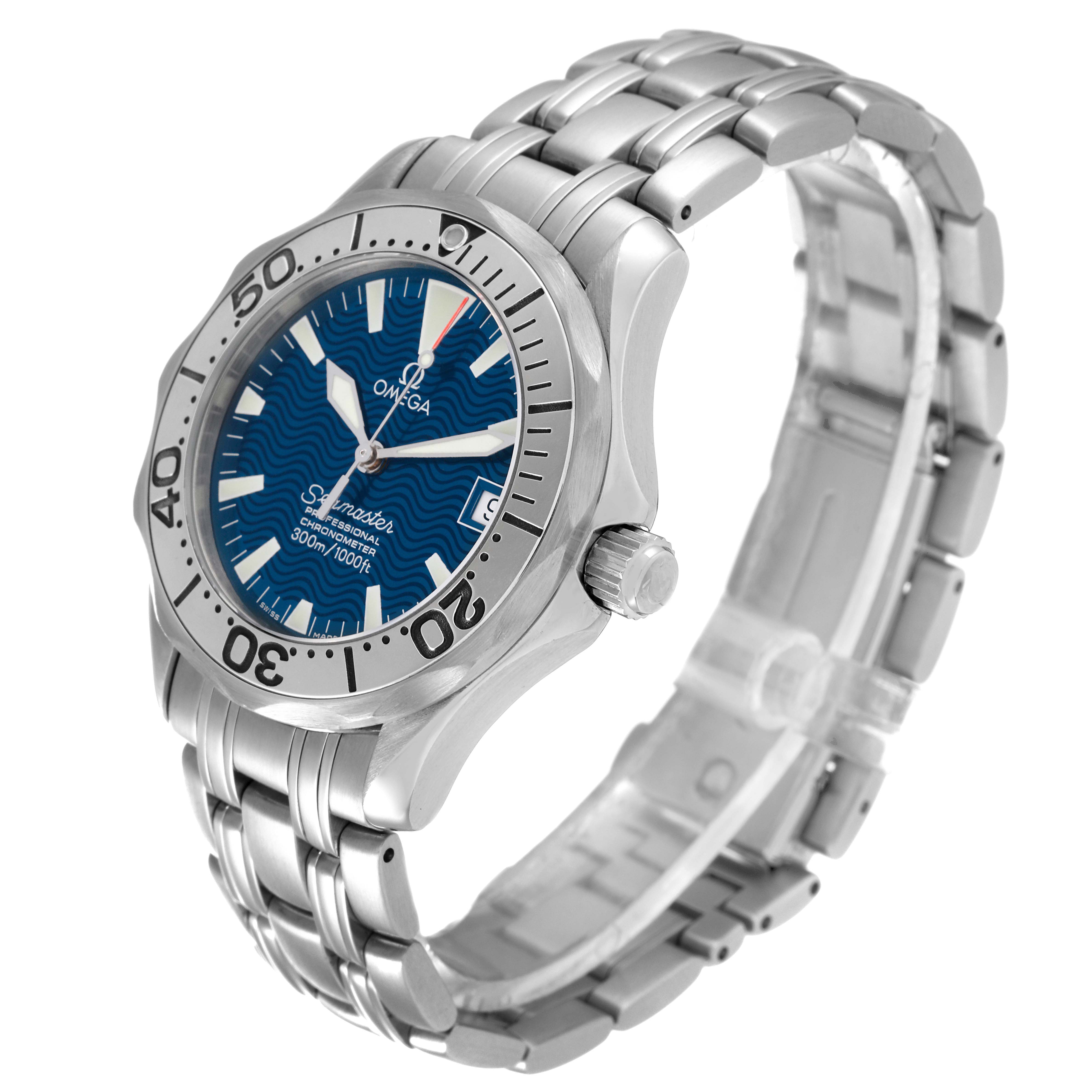 The image shows a side view of an Omega Seamaster 2554.80.00 Men's Stainless Steel Blue Dial 2554.80.00 Men's Stainless Steel Blue Dial watch, displaying the dial, bezel, and metal bracelet.