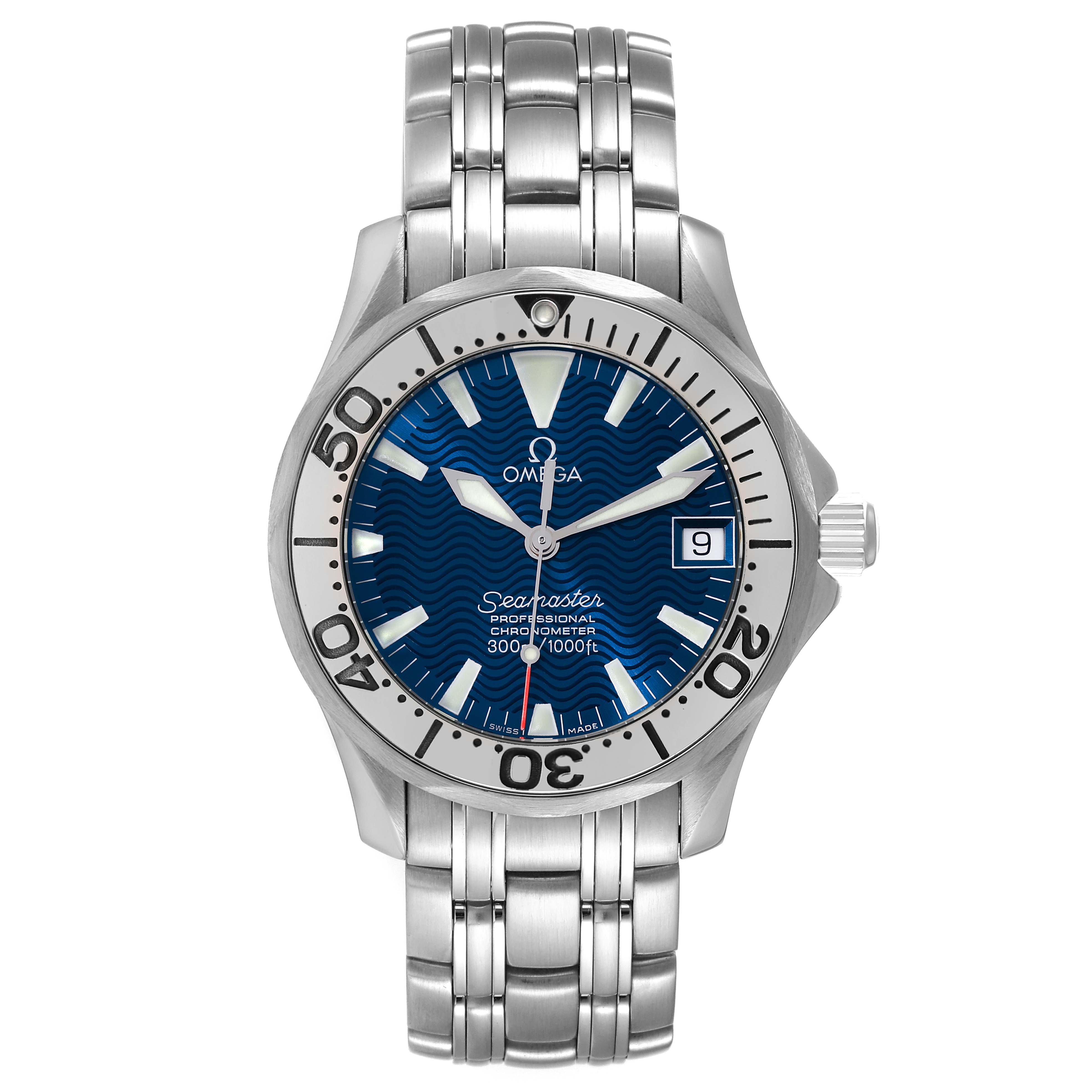 The image shows a front view of an Omega Seamaster 2554.80.00 Men's Stainless Steel Blue Dial 2554.80.00 Men's Stainless Steel Blue Dial watch, highlighting the face, bezel, bracelet, and crown.