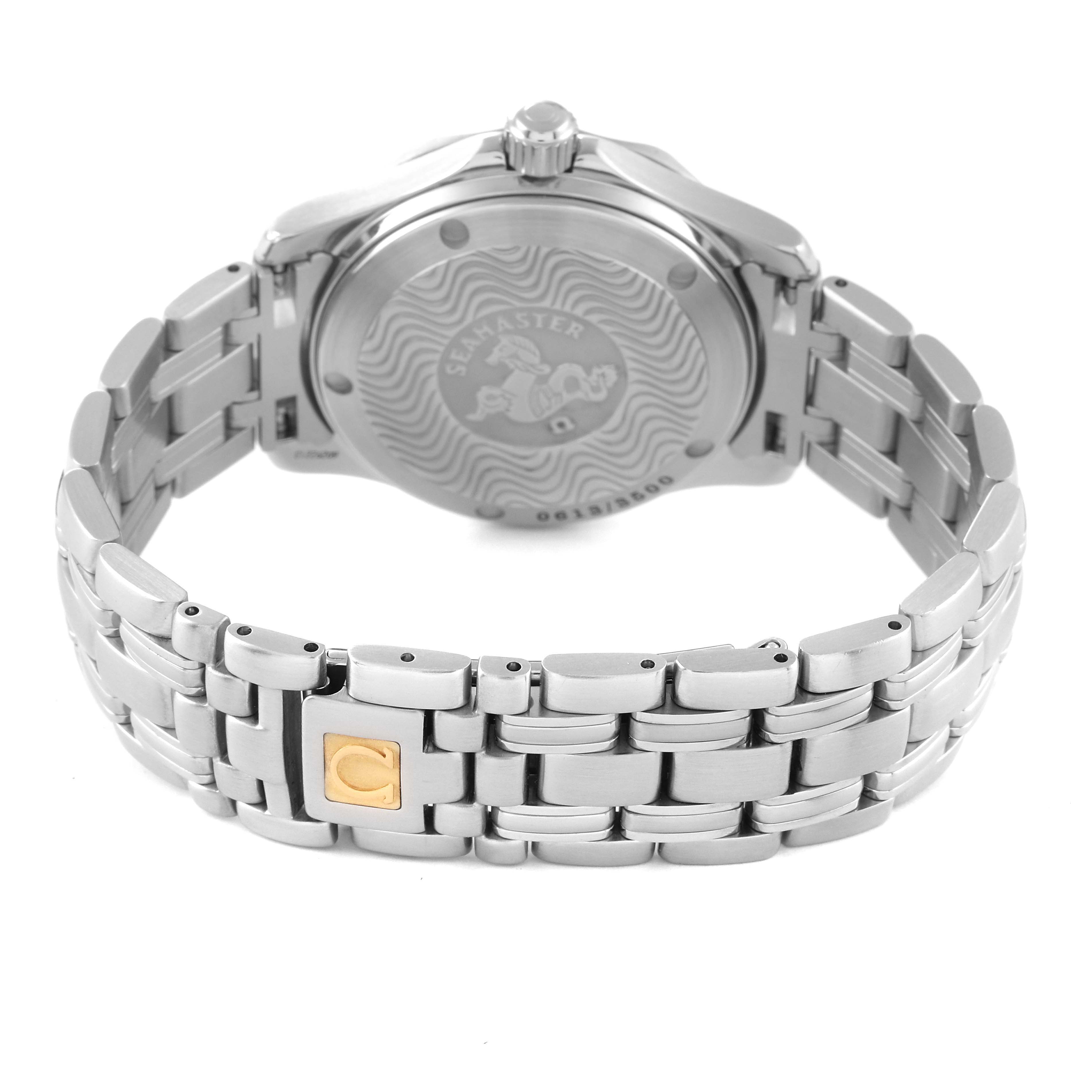 This image shows the rear view of an Omega Seamaster 2554.80.00 Men's Stainless Steel Blue Dial 2554.80.00 Men's Stainless Steel Blue Dial watch, focusing on the back case and metal bracelet with a gold accent on the clasp.