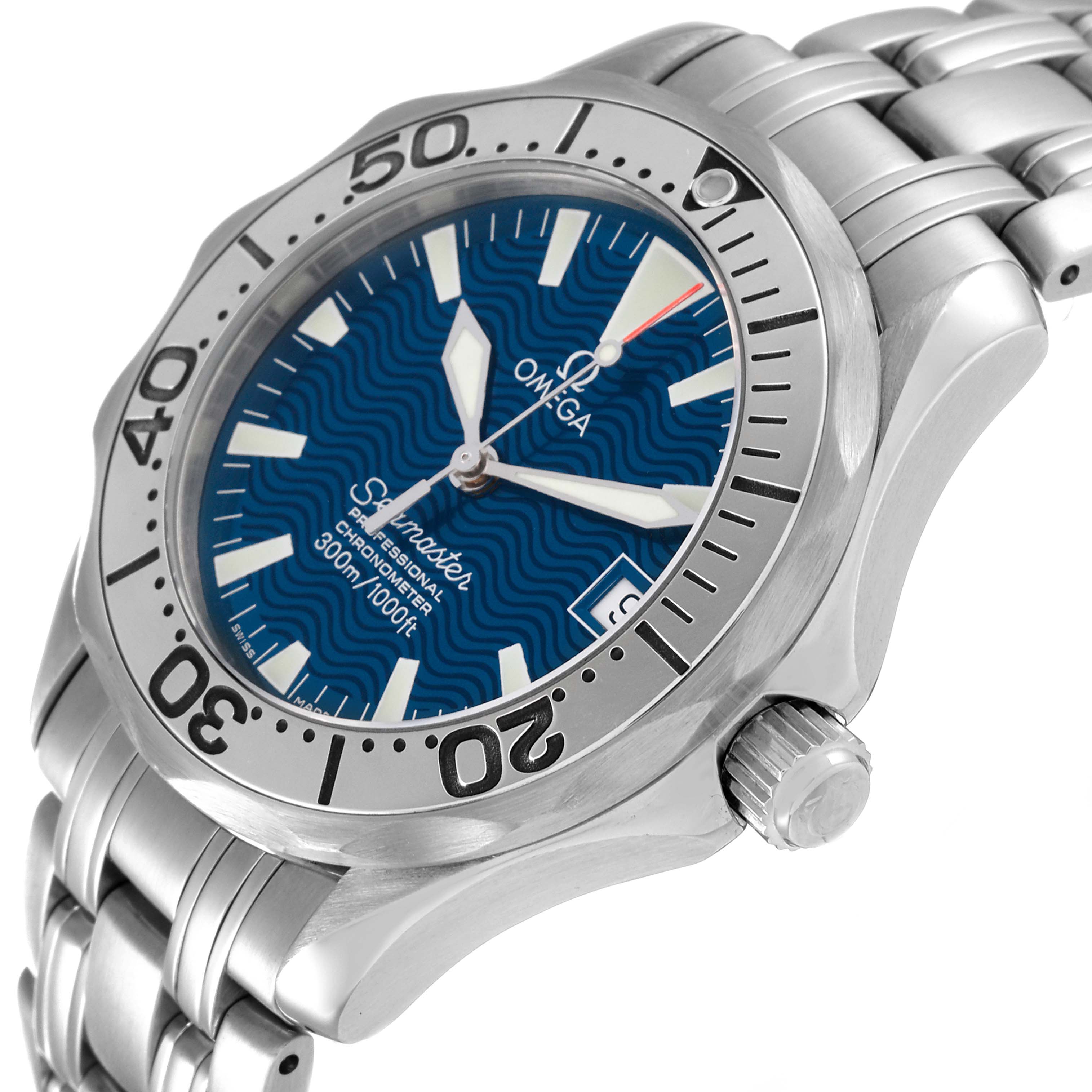 The Omega Seamaster 2554.80.00 Men's Stainless Steel Blue Dial 2554.80.00 Men's Stainless Steel Blue Dial watch is shown at an angled close-up, highlighting the crown, bezel, and dial.