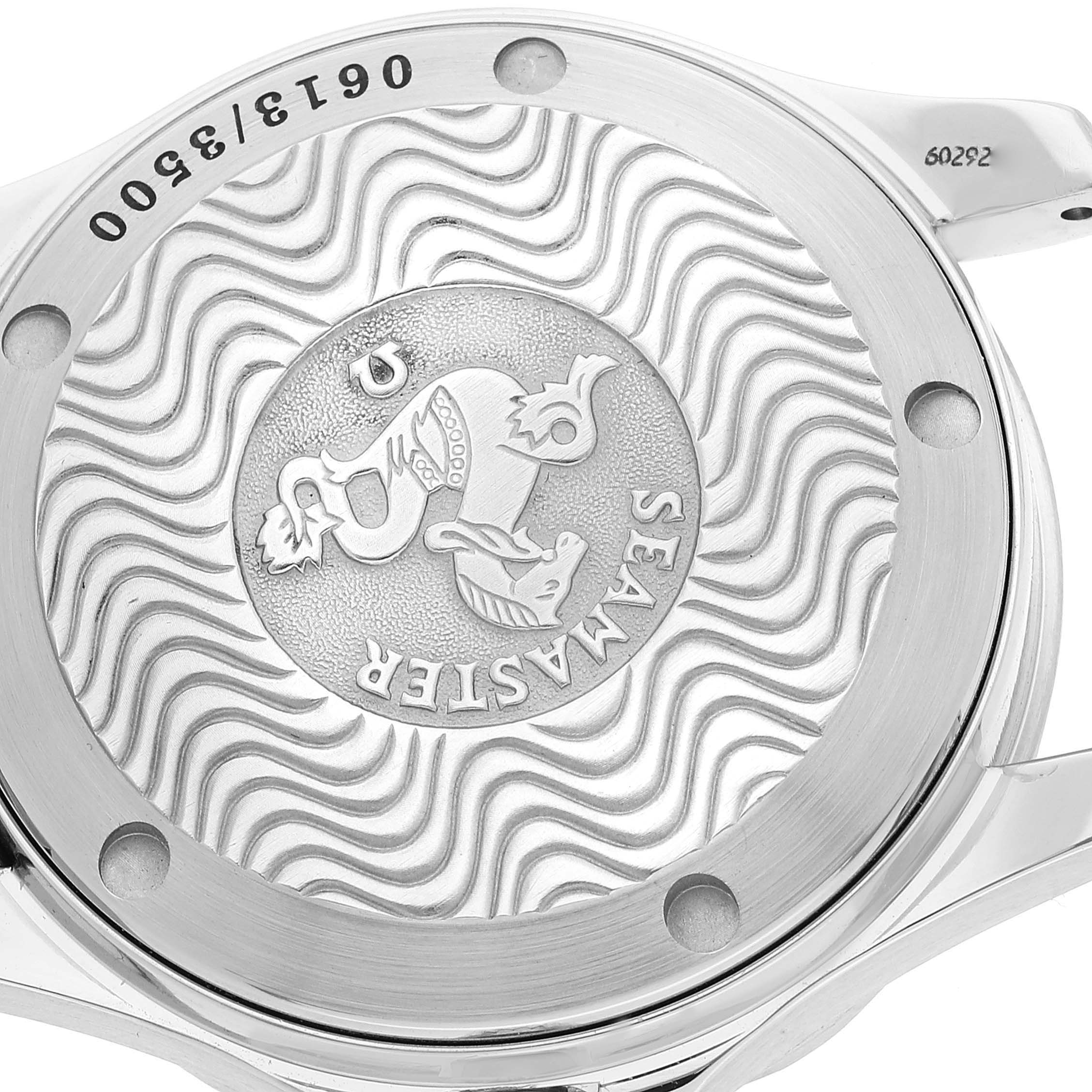 The image shows the case back of an Omega Seamaster 2554.80.00 Men's Stainless Steel Blue Dial 2554.80.00 Men's Stainless Steel Blue Dial watch, featuring the Seamaster engraving and wave pattern.