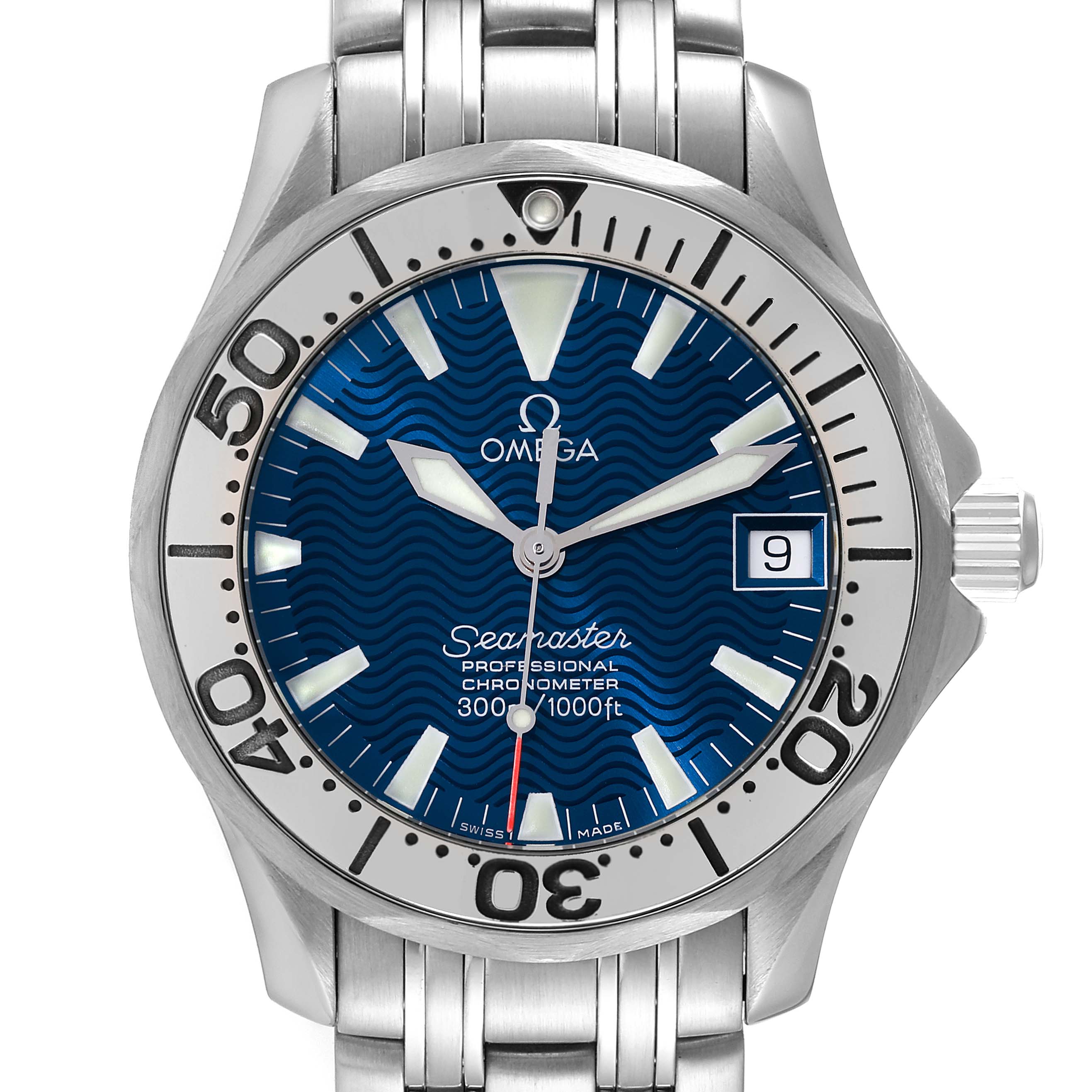 This image shows the front view of the Omega Seamaster 2554.80.00 Men's Stainless Steel Blue Dial 2554.80.00 Men's Stainless Steel Blue Dial watch, highlighting the dial, bezel, hands, crown, and part of the bracelet.