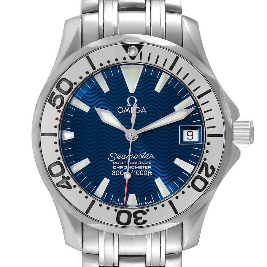 Omega Seamaster Midsize Steel Electric Blue Dial Mens Watch 2554.80.00 SwissWatchExpo