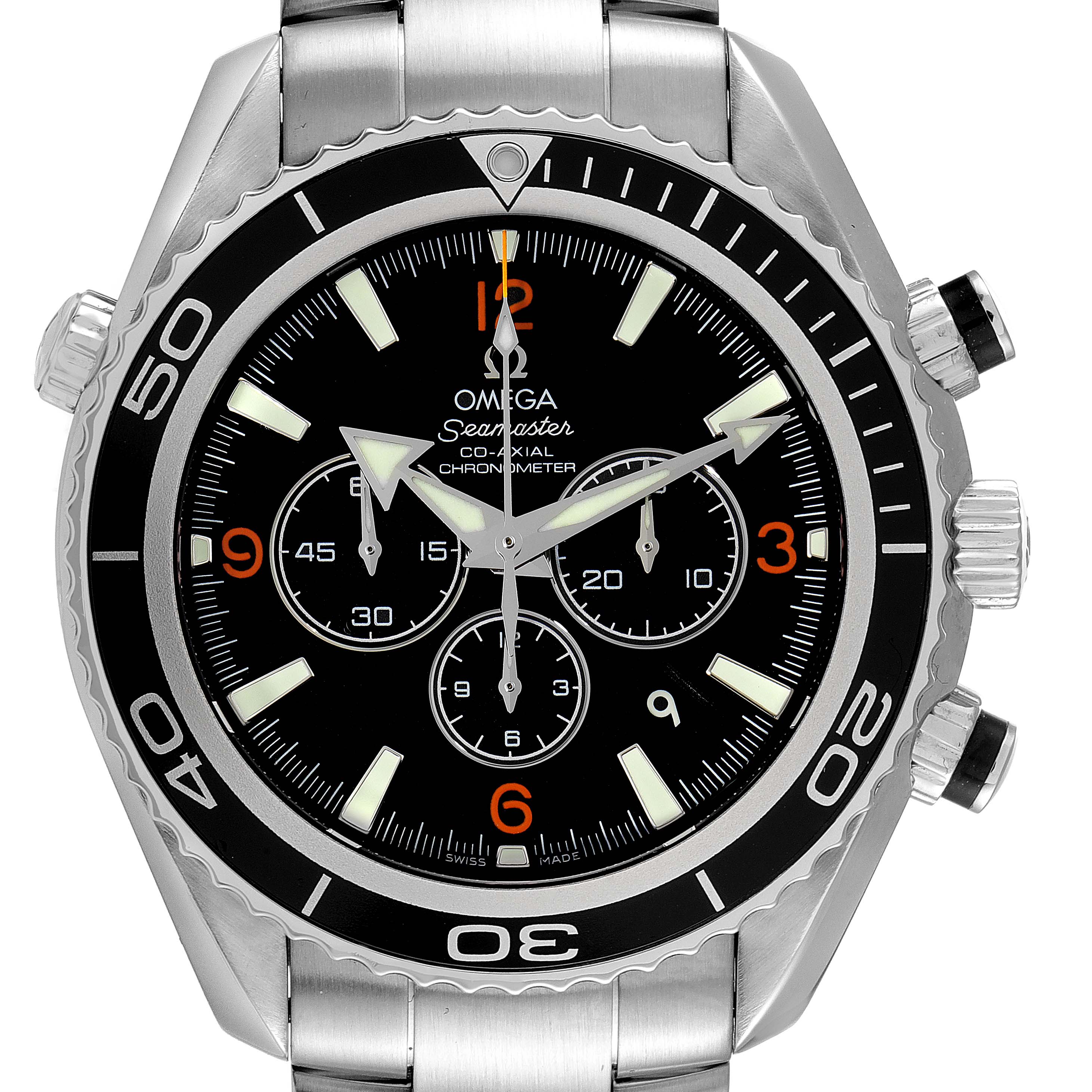The image shows a front view of the Omega Seamaster Planet Ocean watch, displaying its dial, bezel, and bracelet.