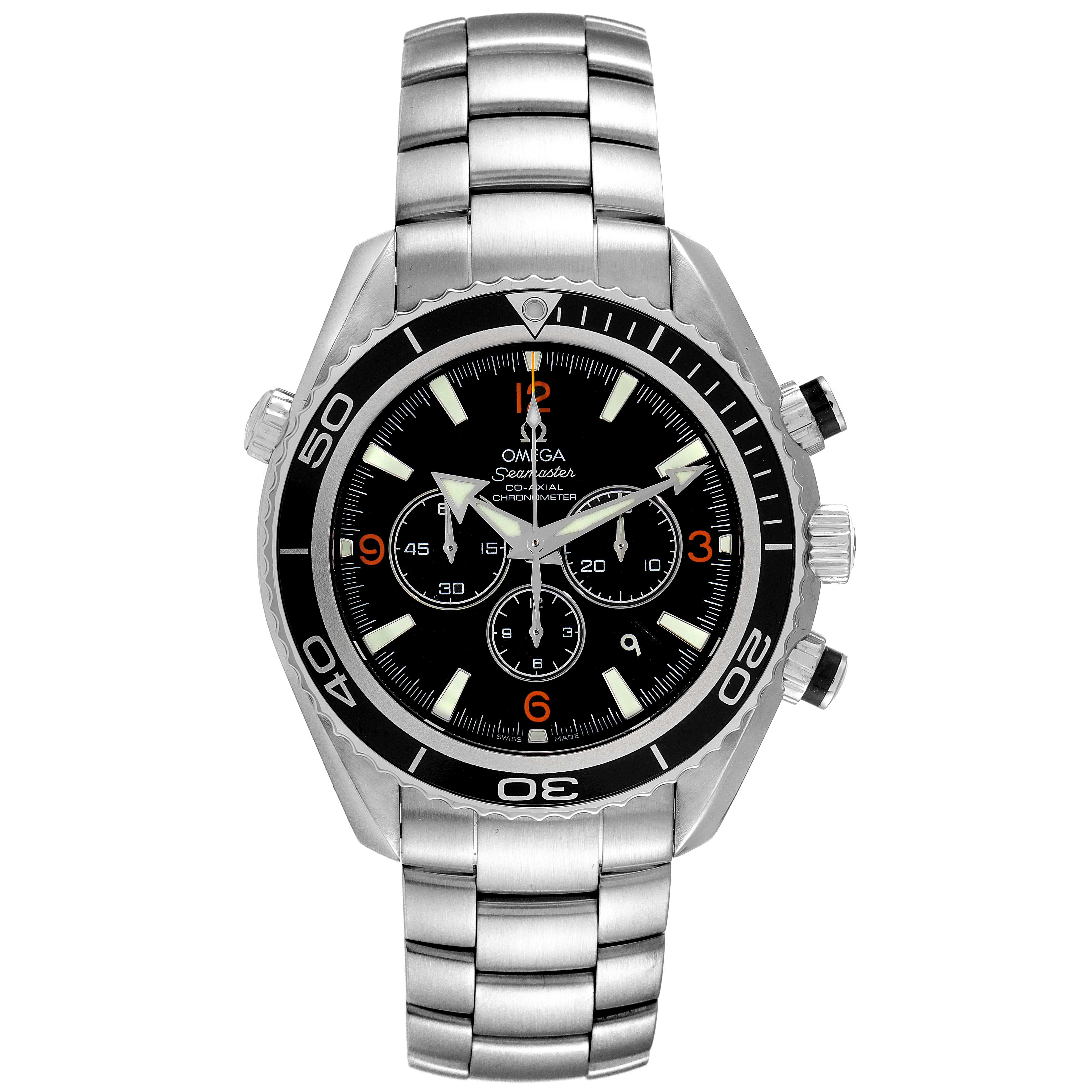 The Omega Planet Ocean 2210.51.00 Men's Stainless Steel Black Dial 2210.51.00 Men's Stainless Steel Black Dial watch is displayed from the front, showing the dial, bezel, and metal bracelet.