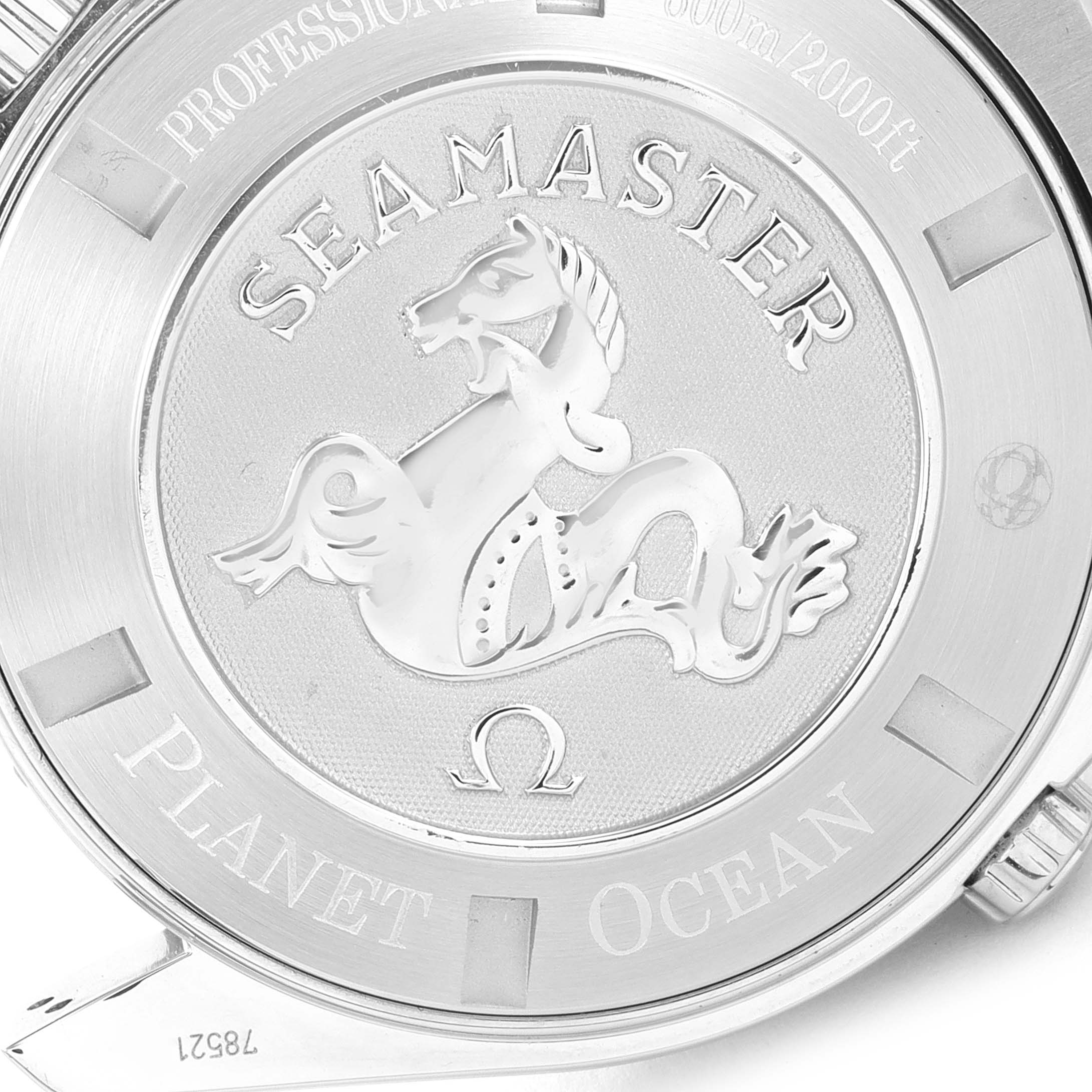 This image shows the case back of the Omega Planet Ocean 2210.51.00 Men's Stainless Steel Black Dial 2210.51.00 Men's Stainless Steel Black Dial Seamaster watch, featuring the Seamaster logo and text.