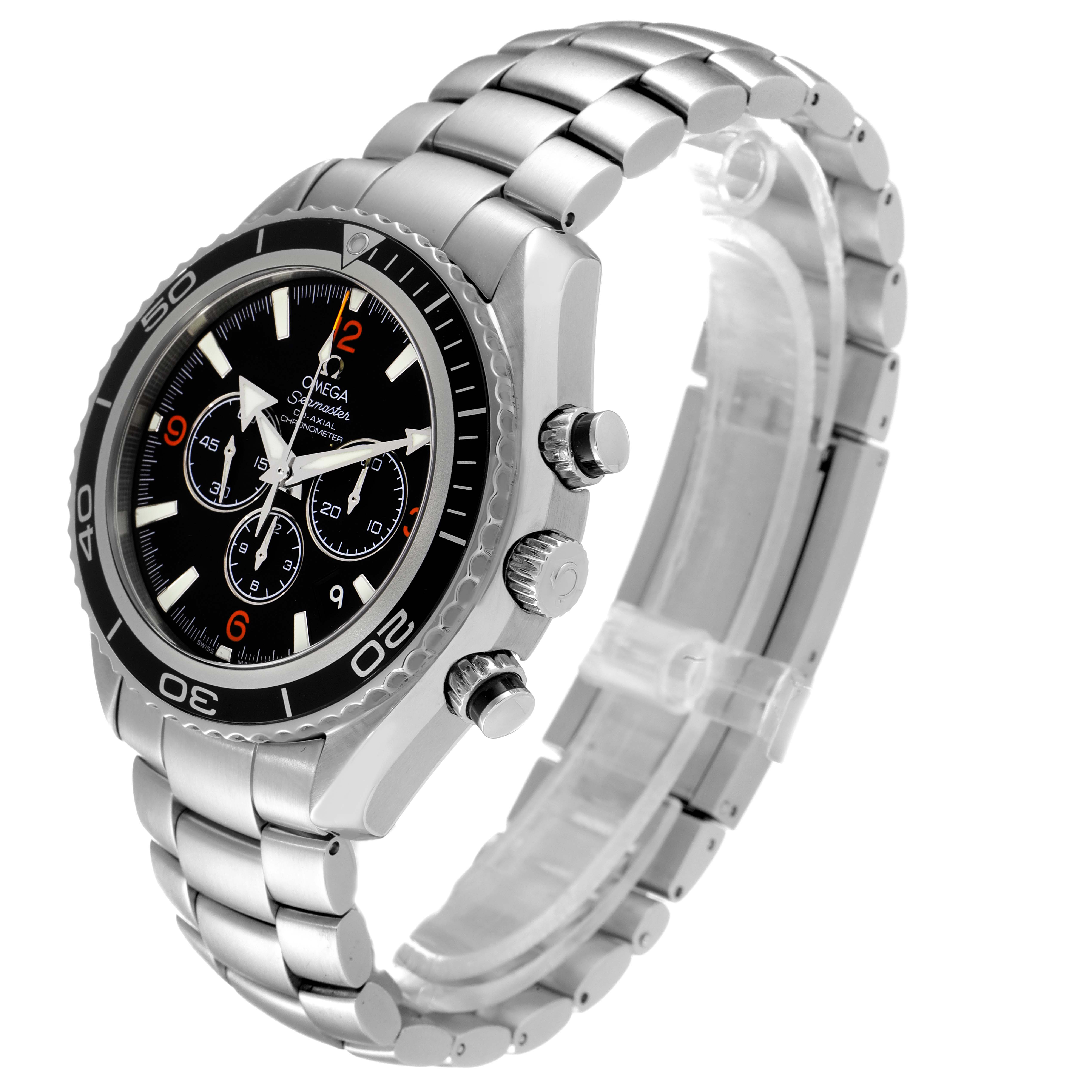 The Omega Planet Ocean 2210.51.00 Men's Stainless Steel Black Dial 2210.51.00 Men's Stainless Steel Black Dial watch is shown at a three-quarter angle, highlighting the bezel, crown, pushers, and stainless steel bracelet.