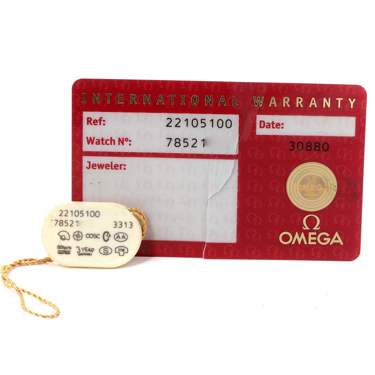 The image shows the international warranty card and tag for the Omega Planet Ocean 2210.51.00 Men's Stainless Steel Black Dial 2210.51.00 Men's Stainless Steel Black Dial model watch.