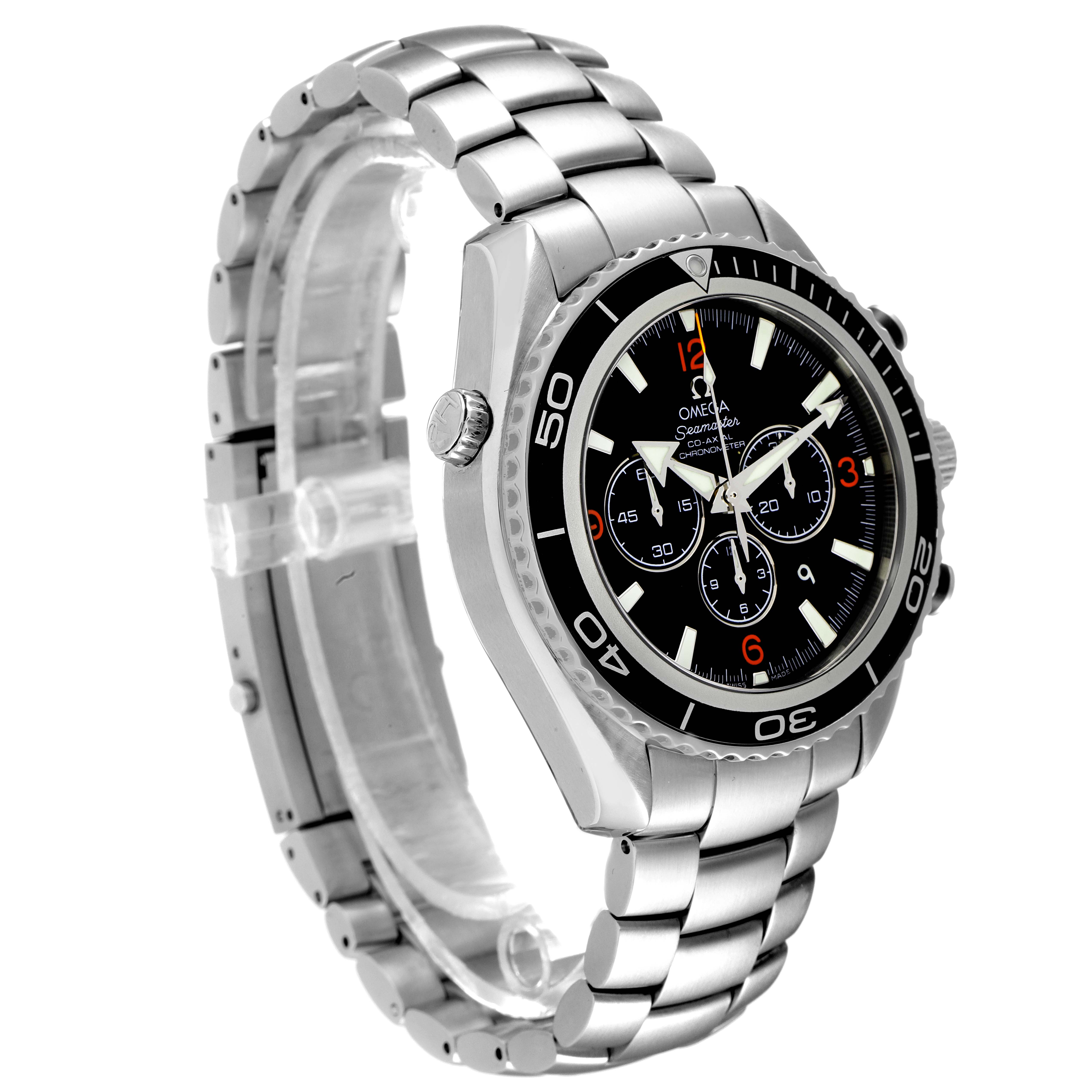 The image shows an Omega Planet Ocean 2210.51.00 Men's Stainless Steel Black Dial 2210.51.00 Men's Stainless Steel Black Dial watch at a three-quarter angle, showcasing the face, bezel, crown, and metal bracelet.