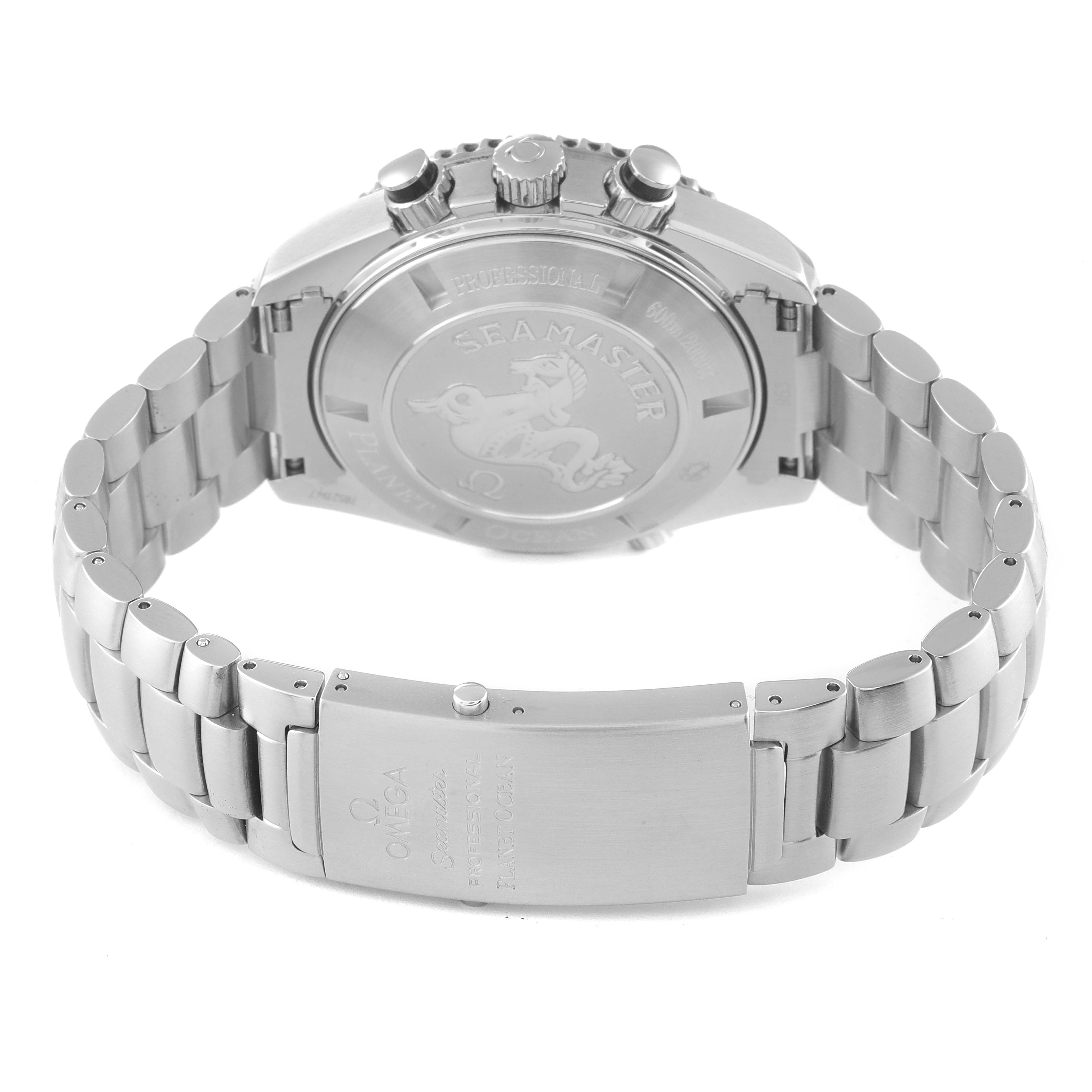 The image shows the back case and bracelet clasp of an Omega Planet Ocean 2210.51.00 Men's Stainless Steel Black Dial 2210.51.00 Men's Stainless Steel Black Dial watch from the Seamaster collection.