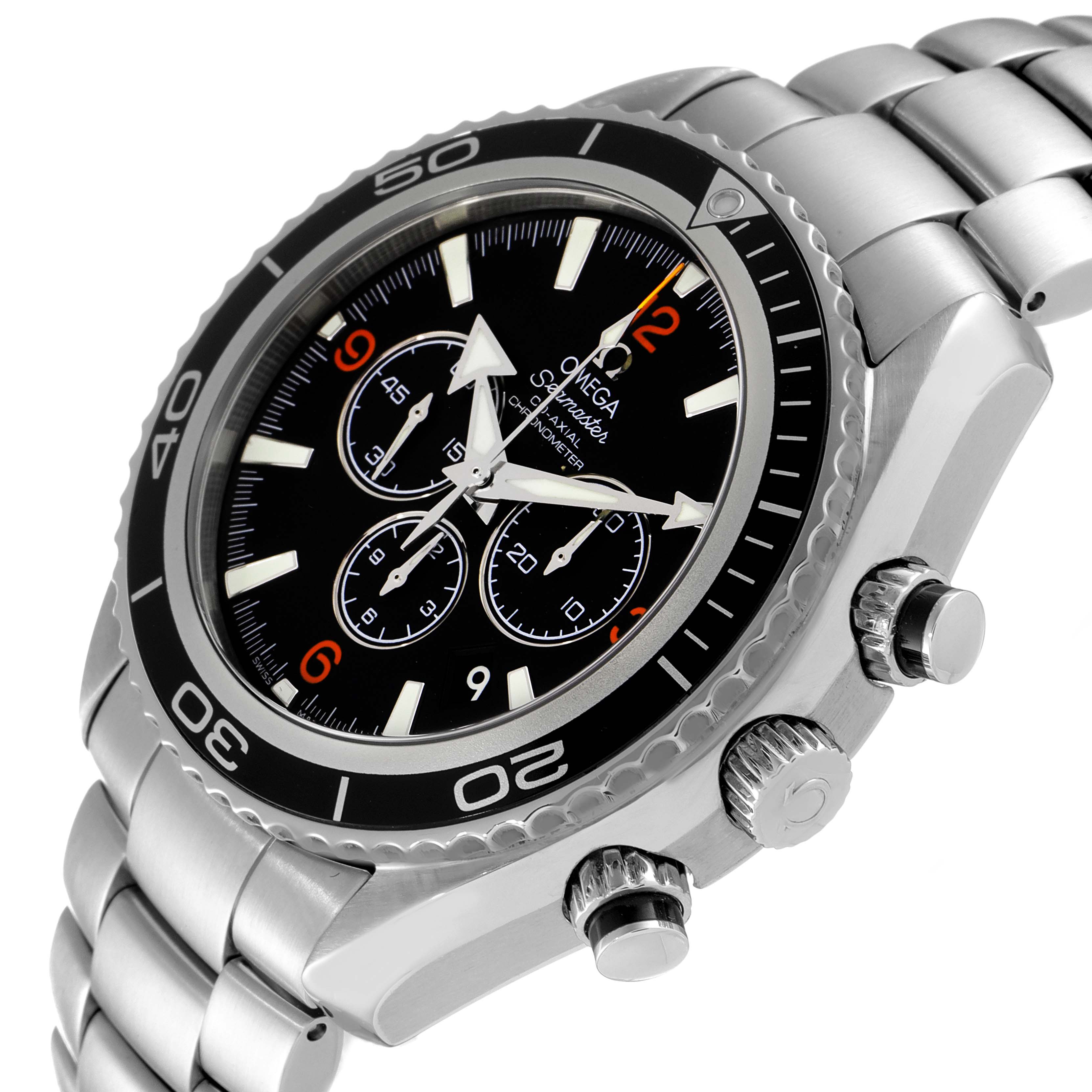 This image shows the Omega Planet Ocean 2210.51.00 Men's Stainless Steel Black Dial 2210.51.00 Men's Stainless Steel Black Dial watch from an angled side view, highlighting the face, bezel, and bracelet.