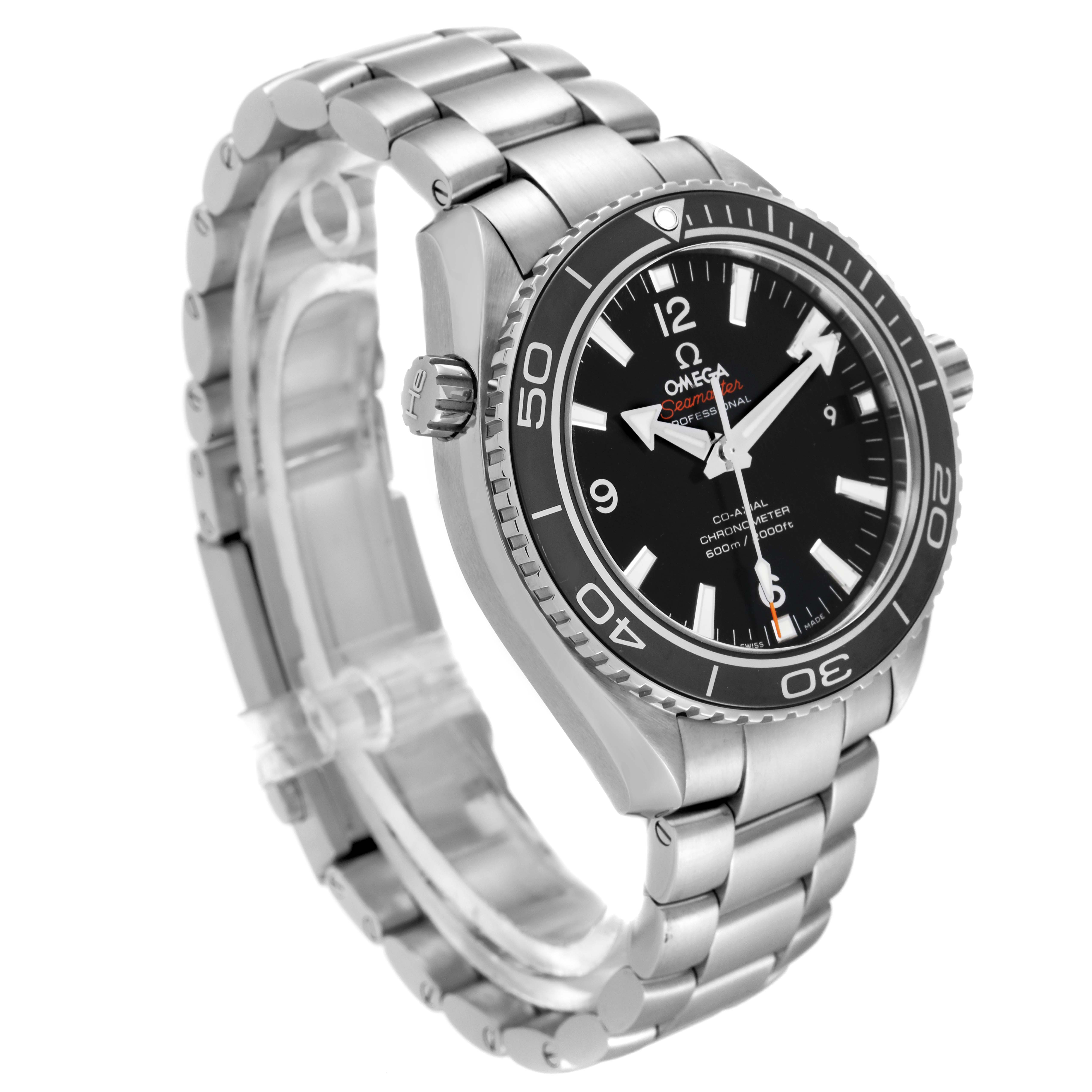 The watch is an Omega Planet Ocean 232.30.42.21.01.003 Men
s Stainless Steel Black Dial 232.30.42.21.01.003 Men
s Stainless Steel Black Dial, shown from an angled side view, displaying the dial, bezel, crown, and metal bracelet.