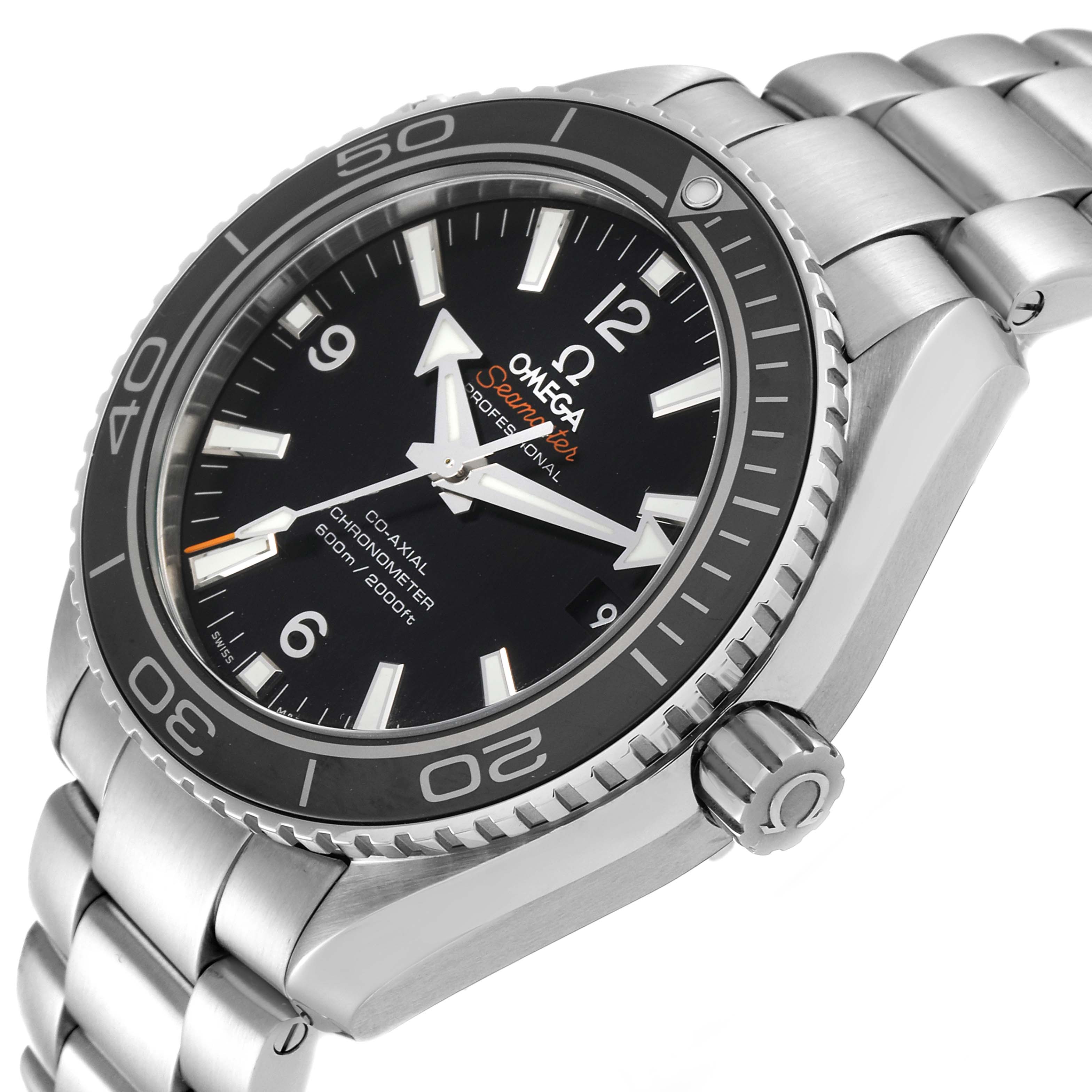 This image shows the Omega Planet Ocean 232.30.42.21.01.003 Men
s Stainless Steel Black Dial 232.30.42.21.01.003 Men
s Stainless Steel Black Dial watch at an angle highlighting the dial, bezel, crown, and bracelet.