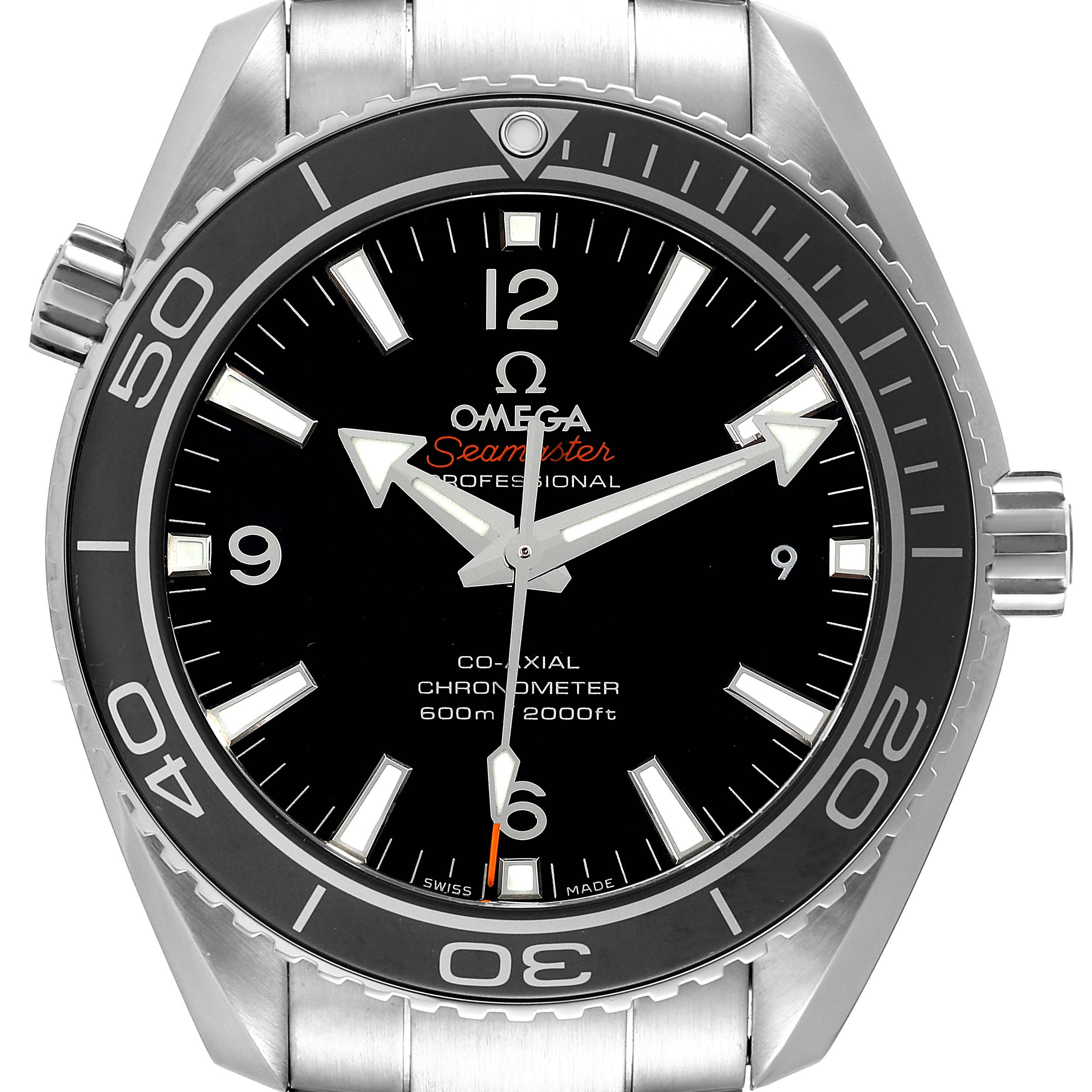 The Omega Planet Ocean 232.30.42.21.01.003 Men
s Stainless Steel Black Dial 232.30.42.21.01.003 Men
s Stainless Steel Black Dial model is shown from a front angle, displaying the face, bezel, and part of the bracelet.