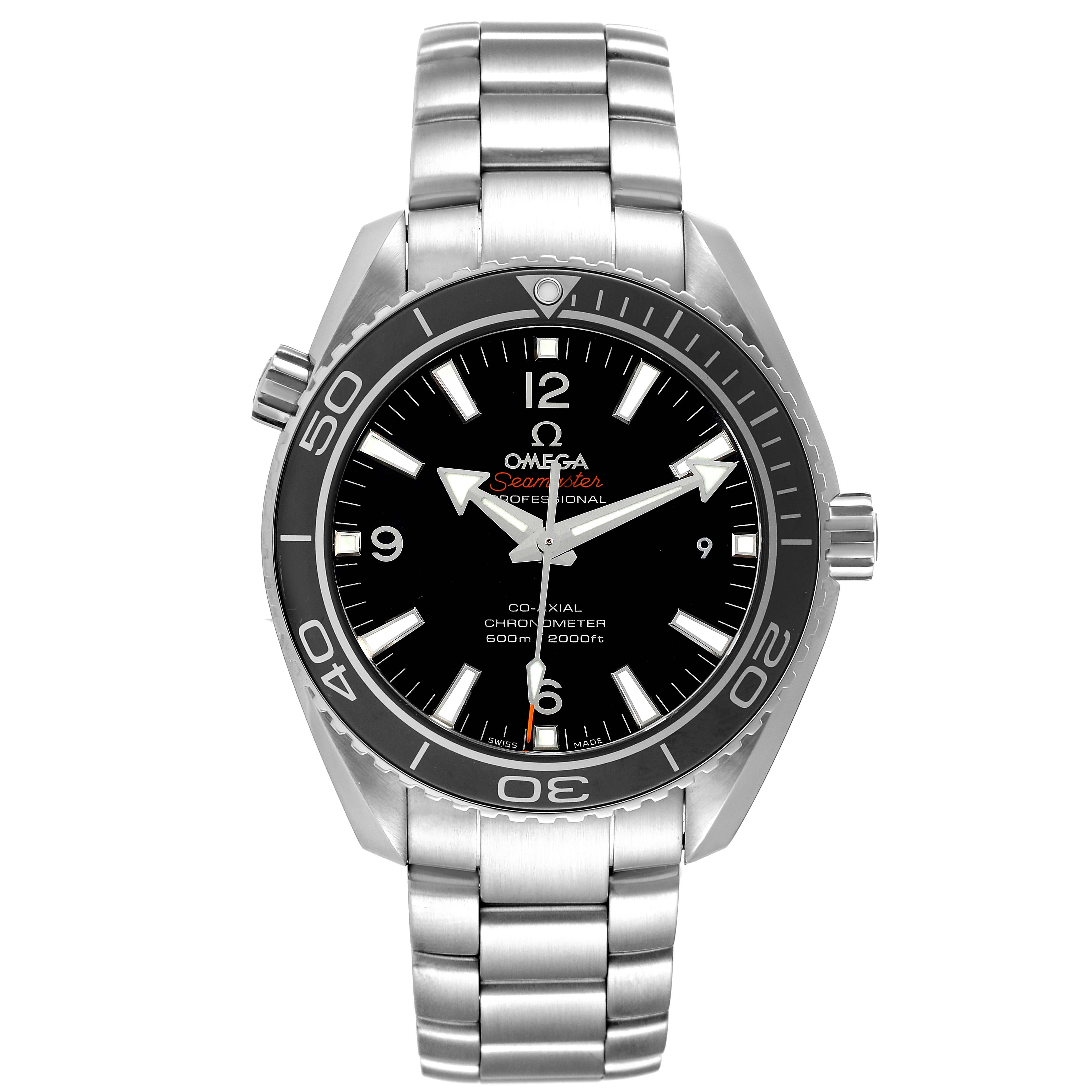 This image shows a front view of the Omega Planet Ocean 232.30.42.21.01.003 Men
s Stainless Steel Black Dial 232.30.42.21.01.003 Men
s Stainless Steel Black Dial watch, highlighting its dial, bezel, crown, and stainless steel bracelet.