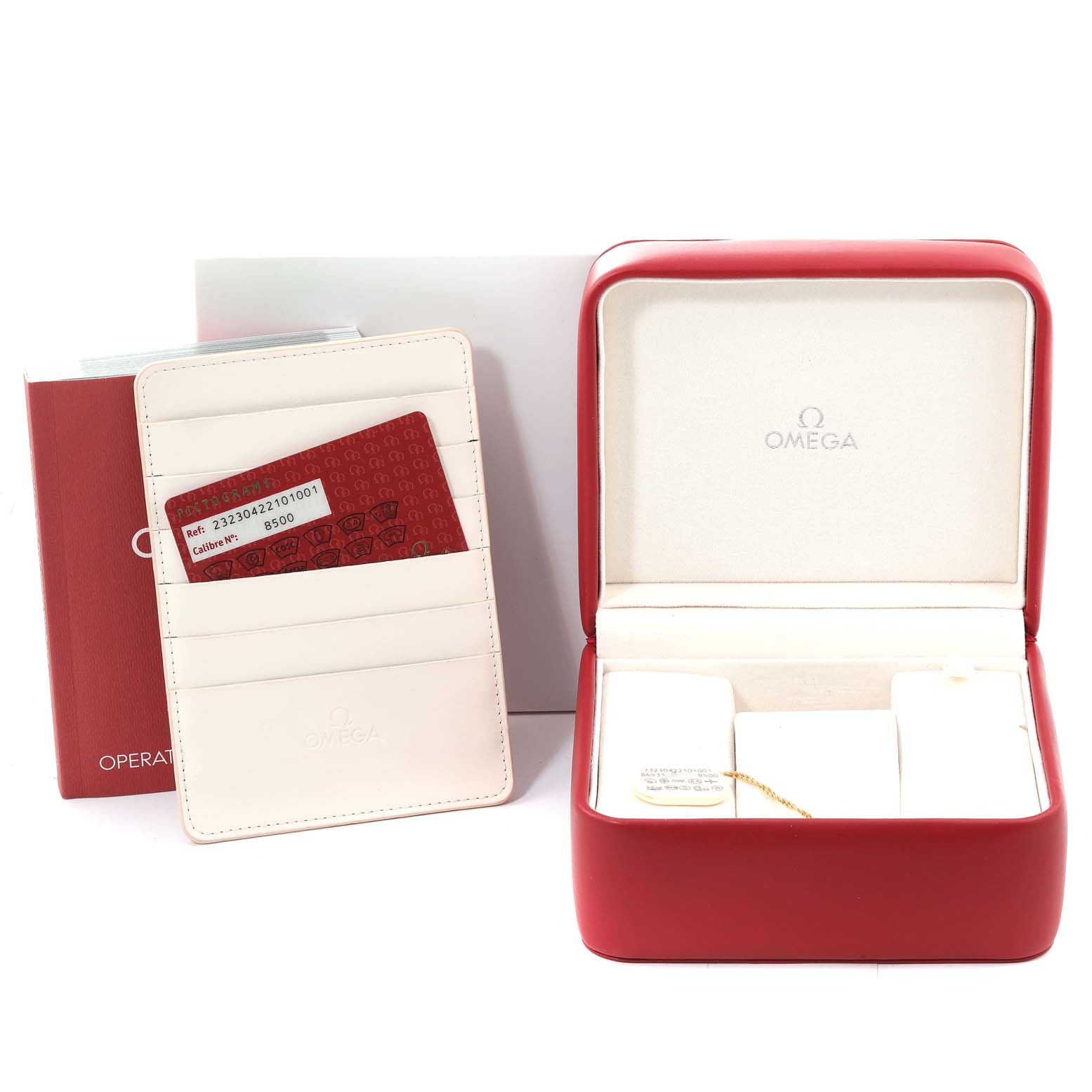 The image shows the packaging, a red case, and documentation for an Omega Planet Ocean 232.30.42.21.01.003 Men
s Stainless Steel Black Dial 232.30.42.21.01.003 Men
s Stainless Steel Black Dial watch.