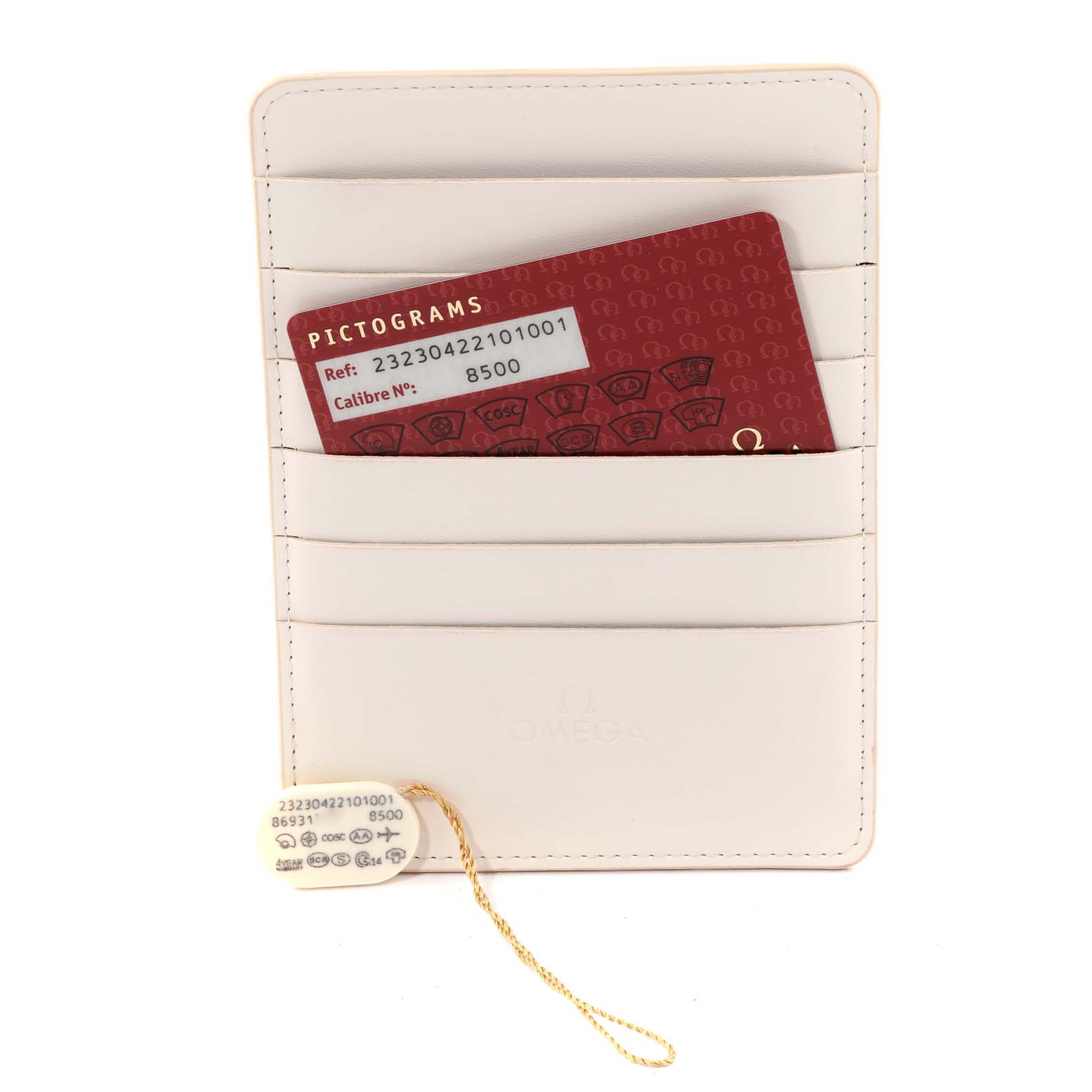 The image shows an Omega Planet Ocean 232.30.42.21.01.003 Men
s Stainless Steel Black Dial 232.30.42.21.01.003 Men
s Stainless Steel Black Dial watch
s warranty card holder with a red pictogram card partially inserted.