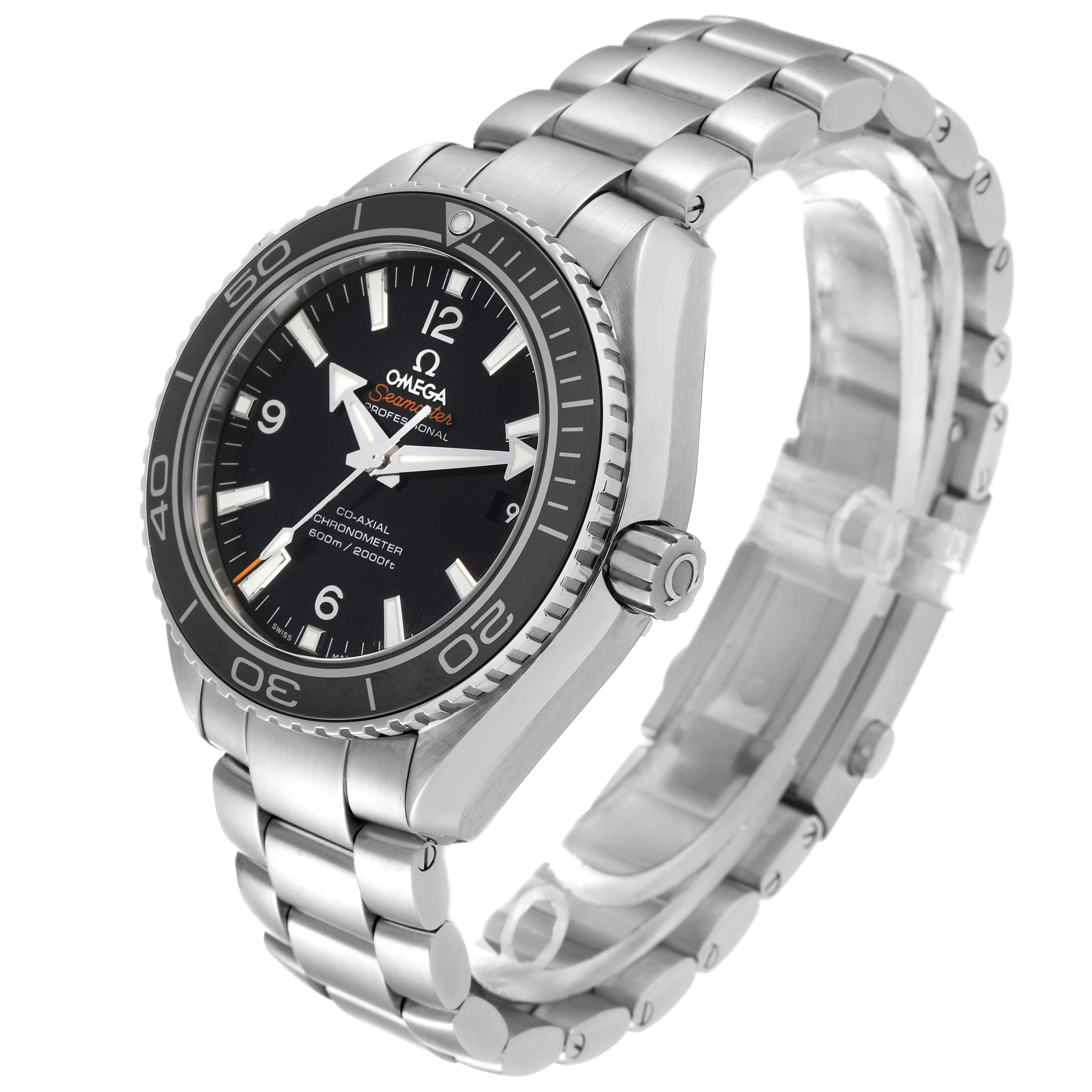 This image shows a side and angled view of the Omega Planet Ocean 232.30.42.21.01.003 Men
s Stainless Steel Black Dial 232.30.42.21.01.003 Men
s Stainless Steel Black Dial watch, including its bezel, dial, crown, and bracelet.