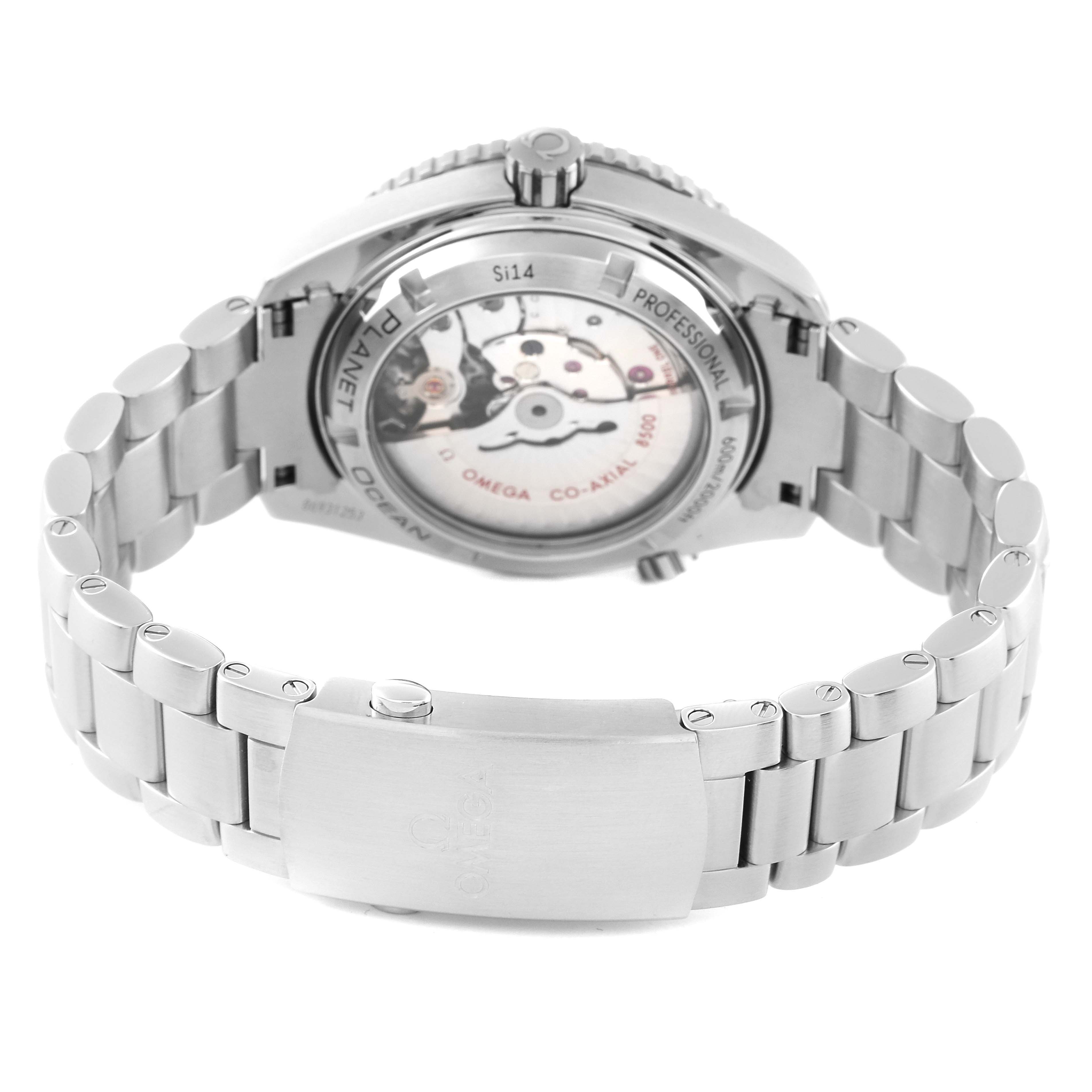 The image shows the back view of the Omega Planet Ocean 232.30.42.21.01.003 Men
s Stainless Steel Black Dial 232.30.42.21.01.003 Men
s Stainless Steel Black Dial watch, highlighting its case back and bracelet.