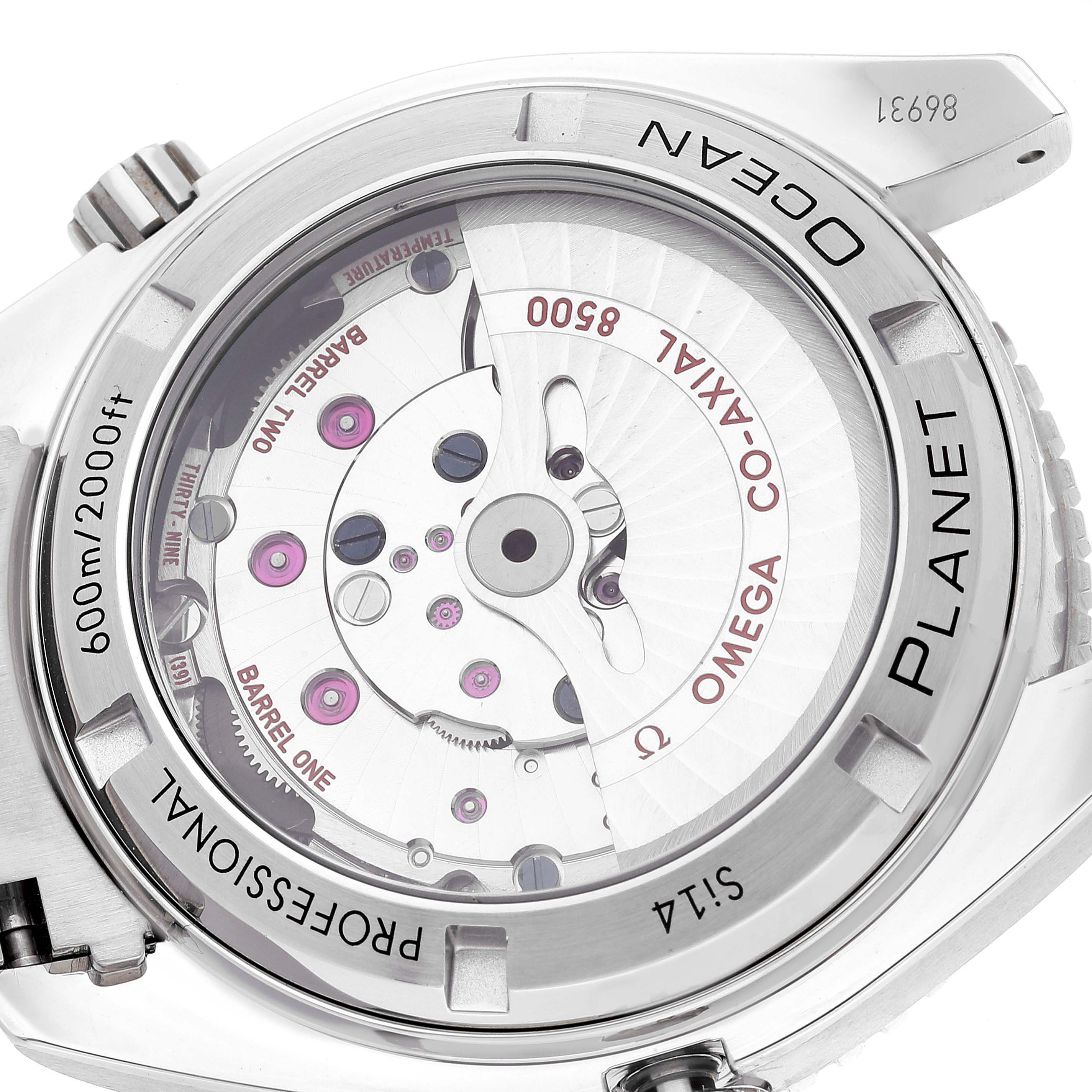 The image shows the back view of an Omega Planet Ocean 232.30.42.21.01.003 Men
s Stainless Steel Black Dial 232.30.42.21.01.003 Men
s Stainless Steel Black Dial watch, highlighting its inner mechanical movement.