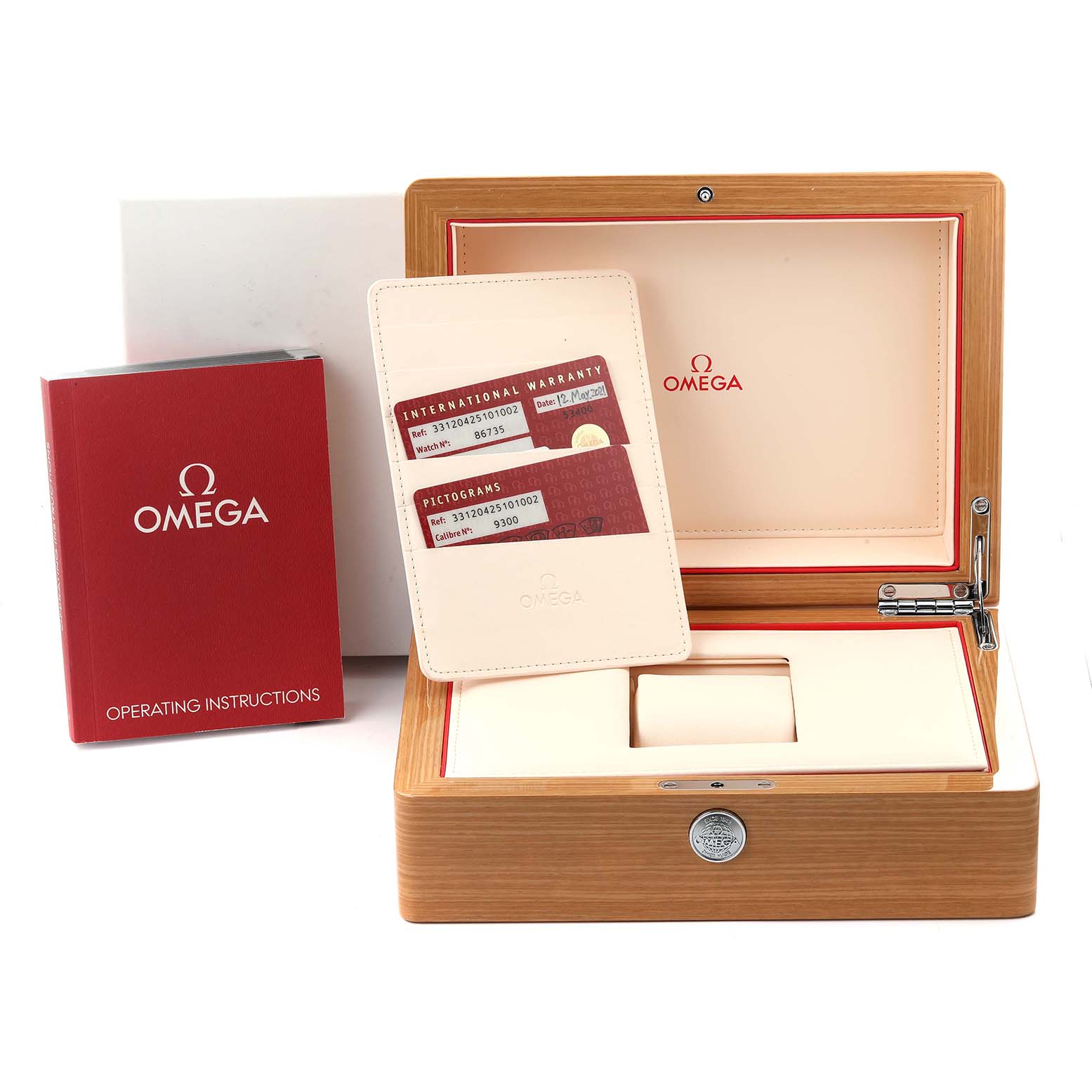 The image shows the Omega Speedmaster 331.20.42.51.01.002 Men's Steel and Gold (two tone) Black Dial 331.20.42.51.01.002 Men's Steel and Gold (two tone) Black Dial's packaging box, warranty cards, and operating instructions.