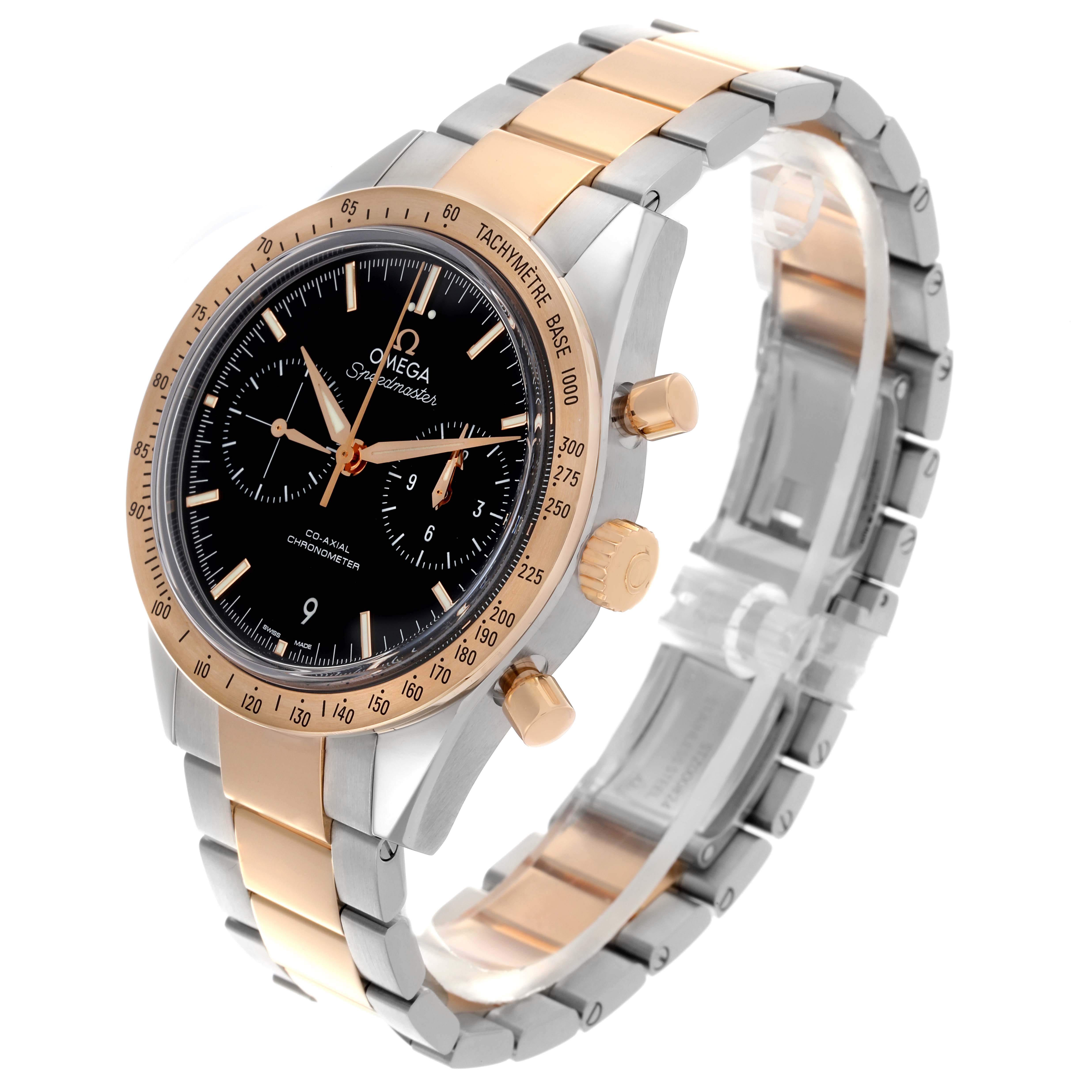 The Omega Speedmaster 331.20.42.51.01.002 Men's Steel and Gold (two tone) Black Dial 331.20.42.51.01.002 Men's Steel and Gold (two tone) Black Dial watch is shown at a three-quarter angle, highlighting the face, bezel, crown, and metal bracelet.