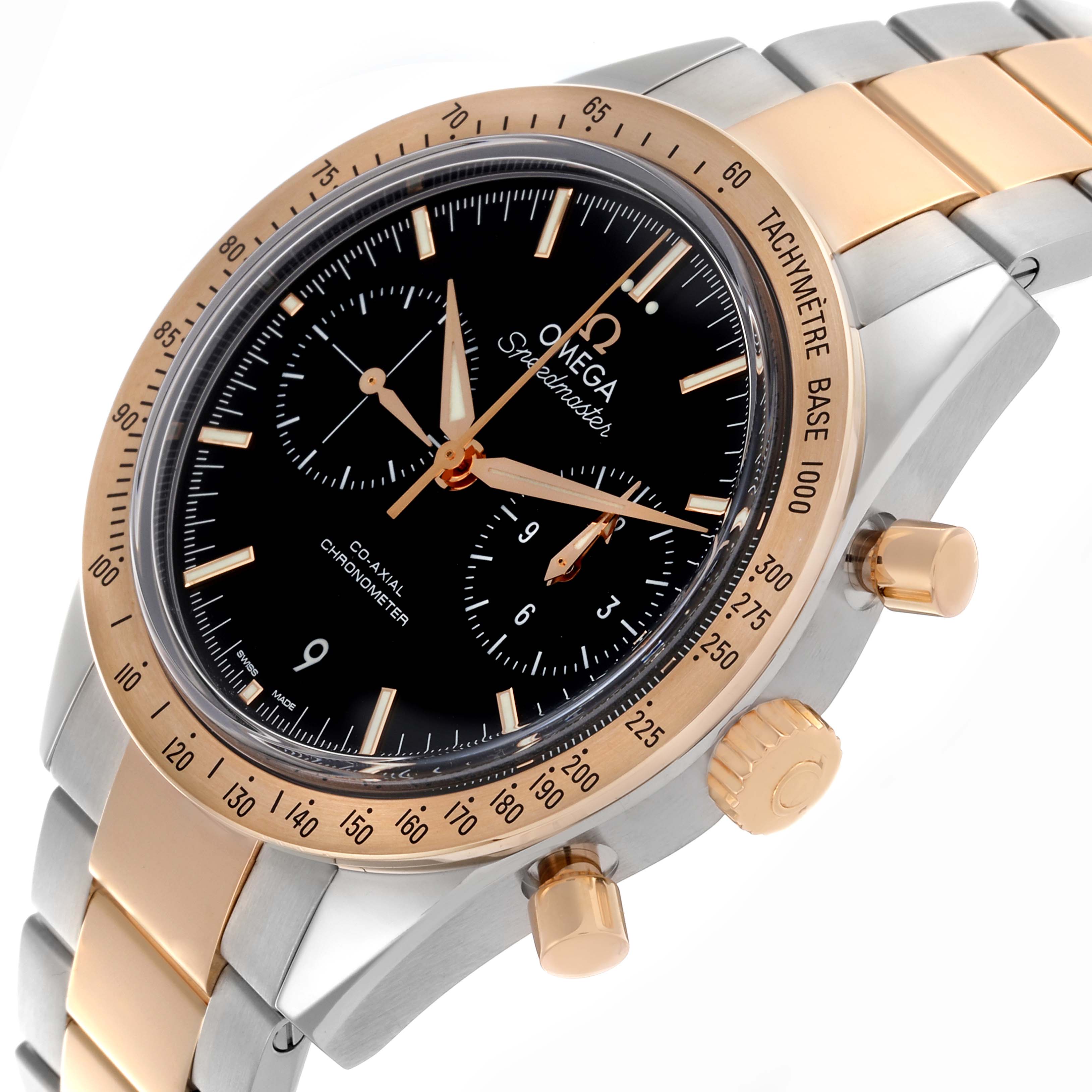 The Omega Speedmaster 331.20.42.51.01.002 Men's Steel and Gold (two tone) Black Dial 331.20.42.51.01.002 Men's Steel and Gold (two tone) Black Dial watch is shown at an angle revealing the bezel, crown, pushers, and part of the bracelet.