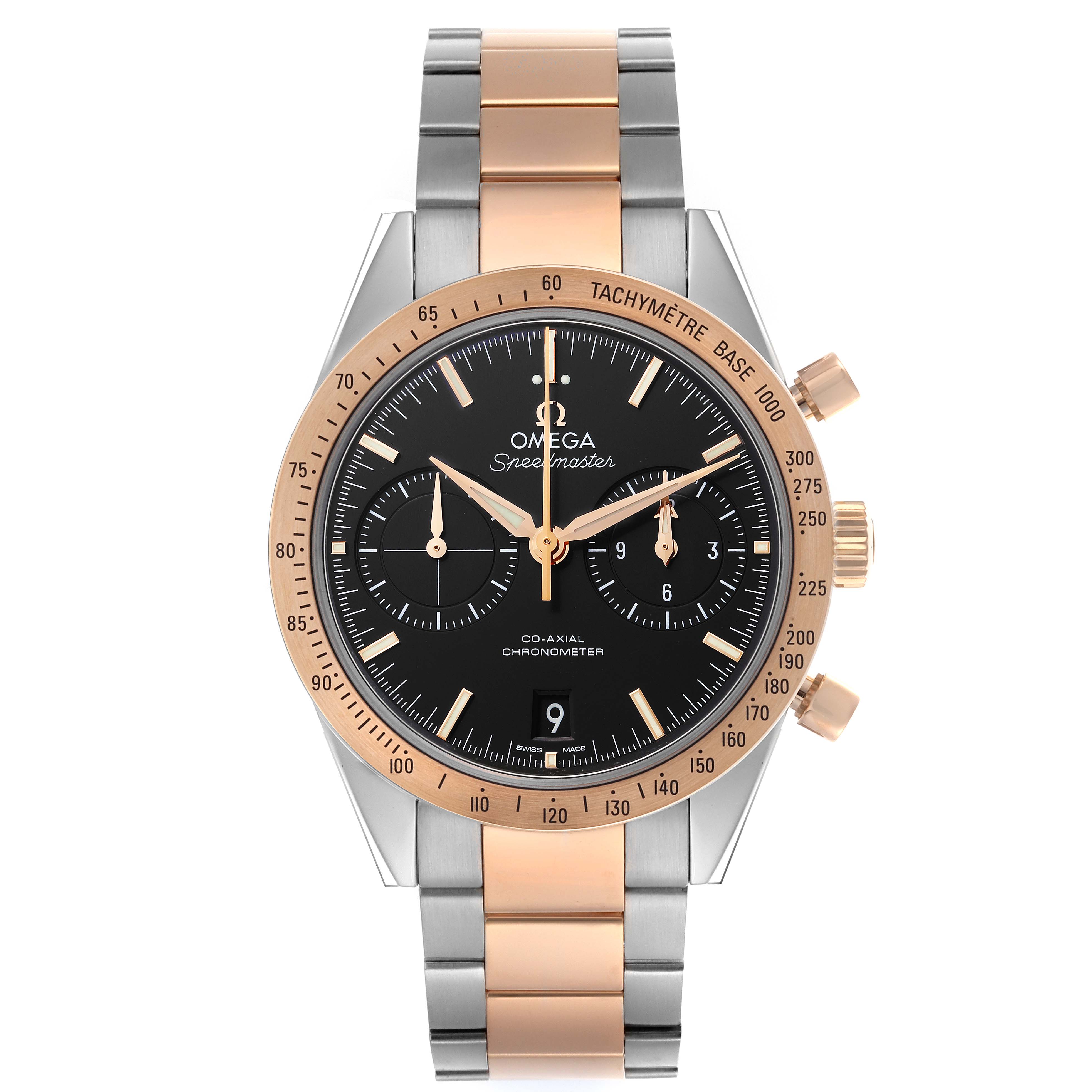 The Omega Speedmaster 331.20.42.51.01.002 Men's Steel and Gold (two tone) Black Dial 331.20.42.51.01.002 Men's Steel and Gold (two tone) Black Dial watch is shown from the front, displaying the face, bezel, and bracelet.