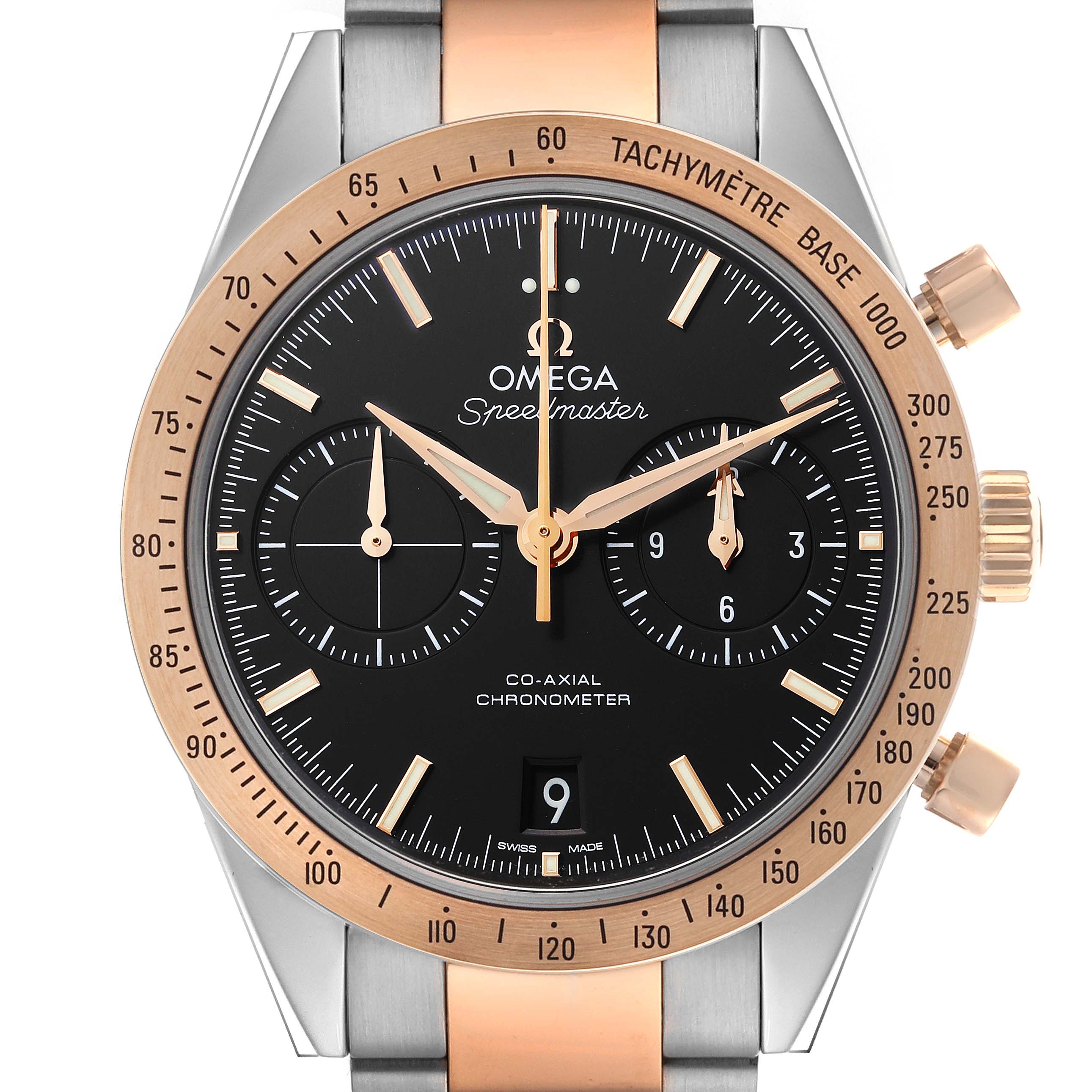 The Omega Speedmaster 331.20.42.51.01.002 Men's Steel and Gold (two tone) Black Dial 331.20.42.51.01.002 Men's Steel and Gold (two tone) Black Dial watch is shown from the front, highlighting the dial, bezel, and chronograph sub-dials.