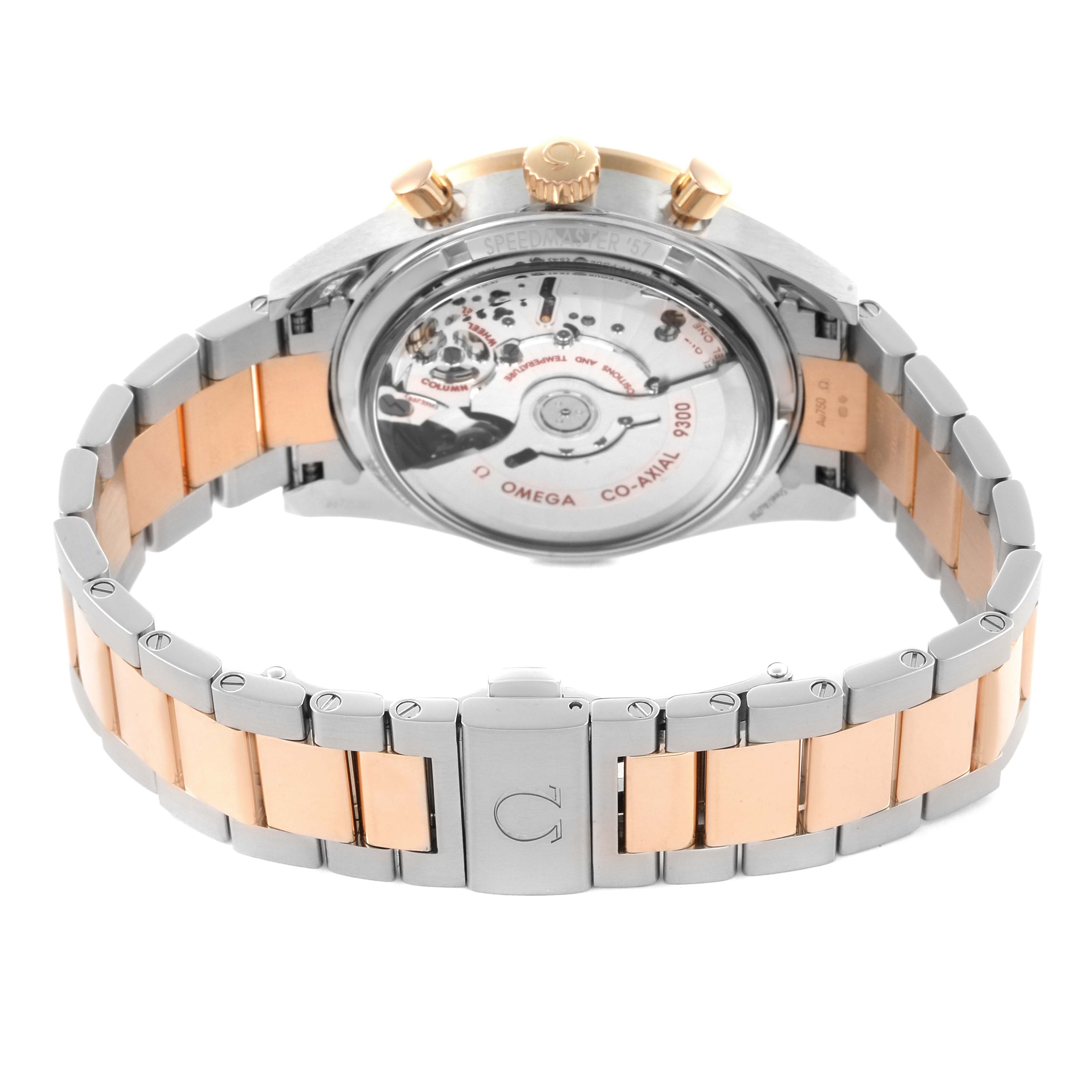 The Omega Speedmaster 331.20.42.51.01.002 Men's Steel and Gold (two tone) Black Dial 331.20.42.51.01.002 Men's Steel and Gold (two tone) Black Dial watch is shown from the back, displaying the transparent case back and bracelet.