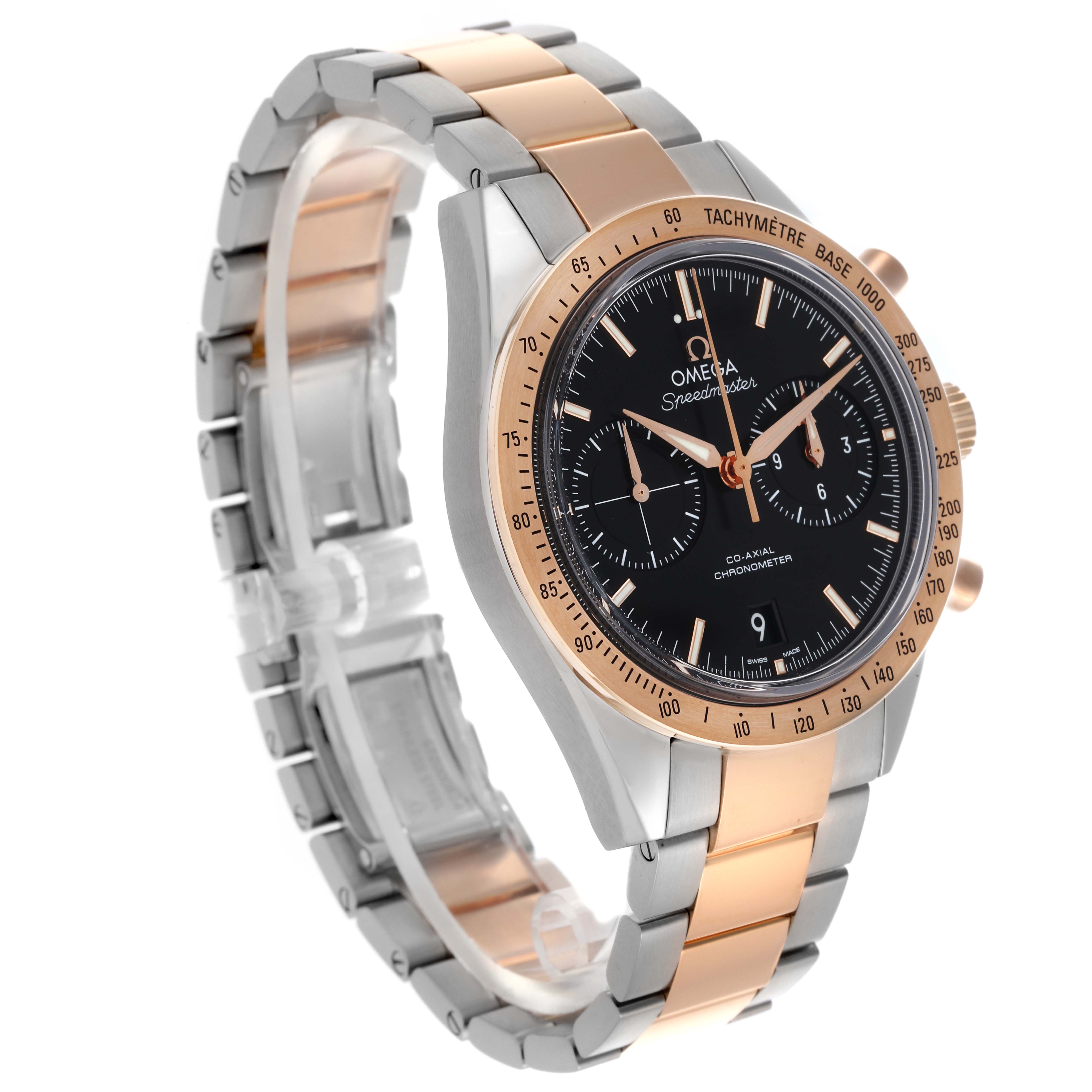 The Omega Speedmaster 331.20.42.51.01.002 Men's Steel and Gold (two tone) Black Dial 331.20.42.51.01.002 Men's Steel and Gold (two tone) Black Dial is shown at a three-quarter angle, displaying the face, bezel, and two-tone bracelet.