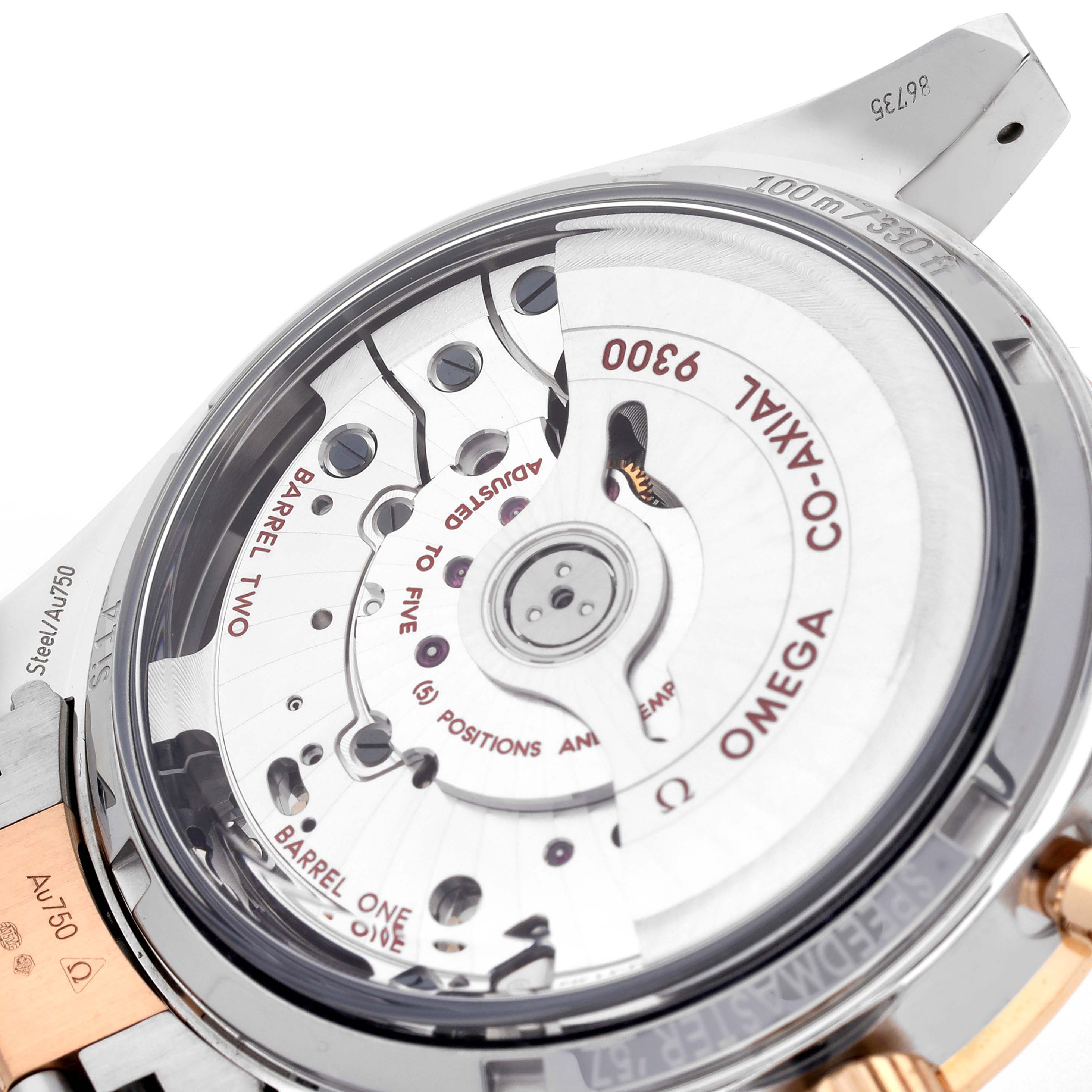 The Omega Speedmaster 331.20.42.51.01.002 Men's Steel and Gold (two tone) Black Dial 331.20.42.51.01.002 Men's Steel and Gold (two tone) Black Dial is shown from a side angle, revealing the intricate details of its calibers and movement components.