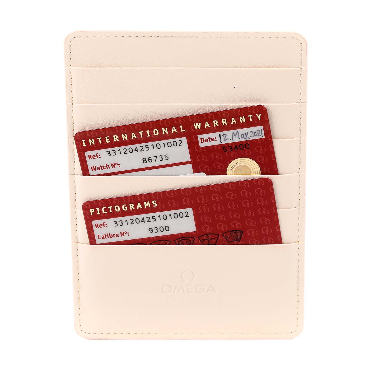 The image shows Omega Speedmaster 331.20.42.51.01.002 Men's Steel and Gold (two tone) Black Dial 331.20.42.51.01.002 Men's Steel and Gold (two tone) Black Dial watch warranty and pictogram cards in a cardholder.