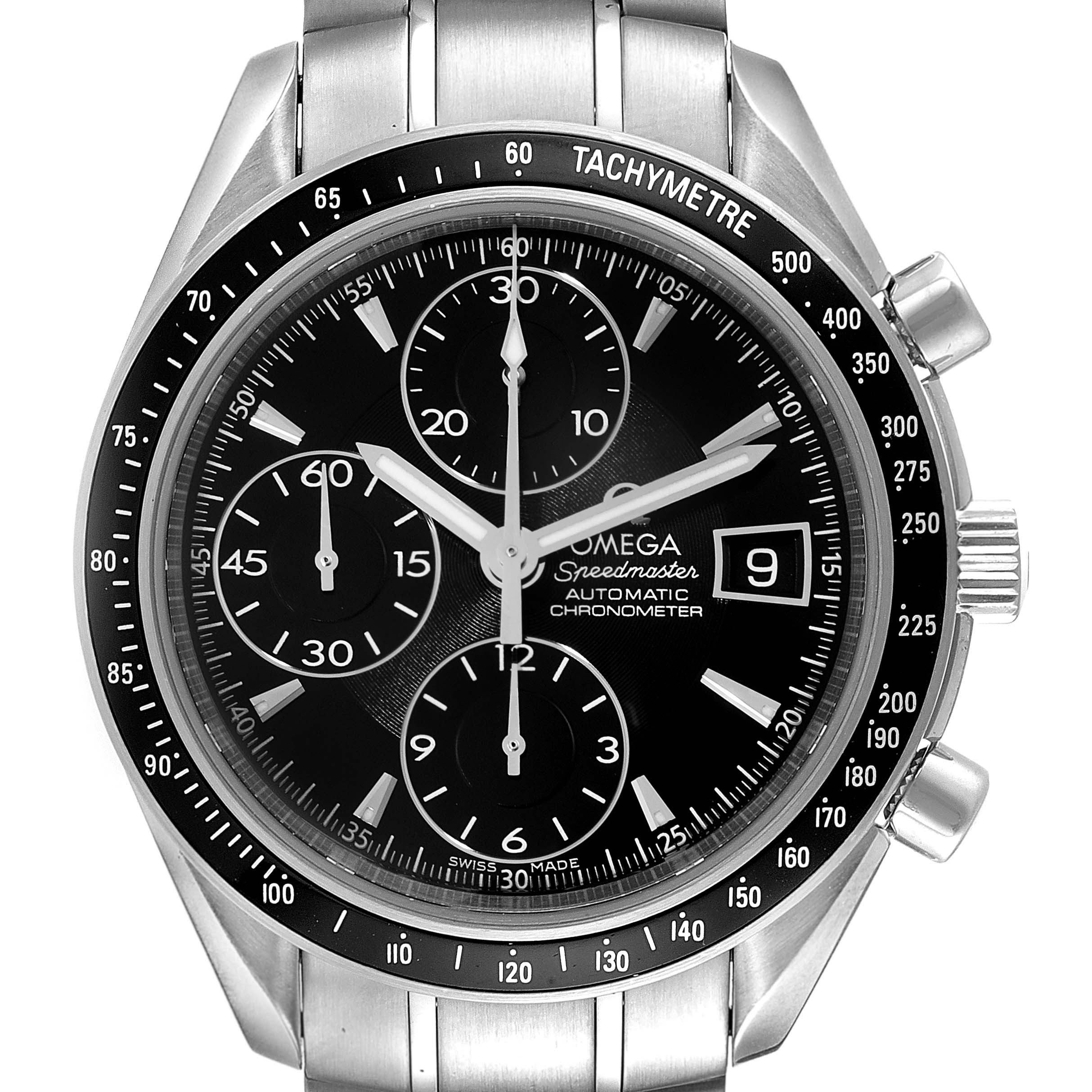 The image displays a front view of an Omega Speedmaster 3210.50.00 Men
s Stainless Steel Black Dial 3210.50.00 Men
s Stainless Steel Black Dial watch, featuring its bezel, chronograph subdials, and date window.