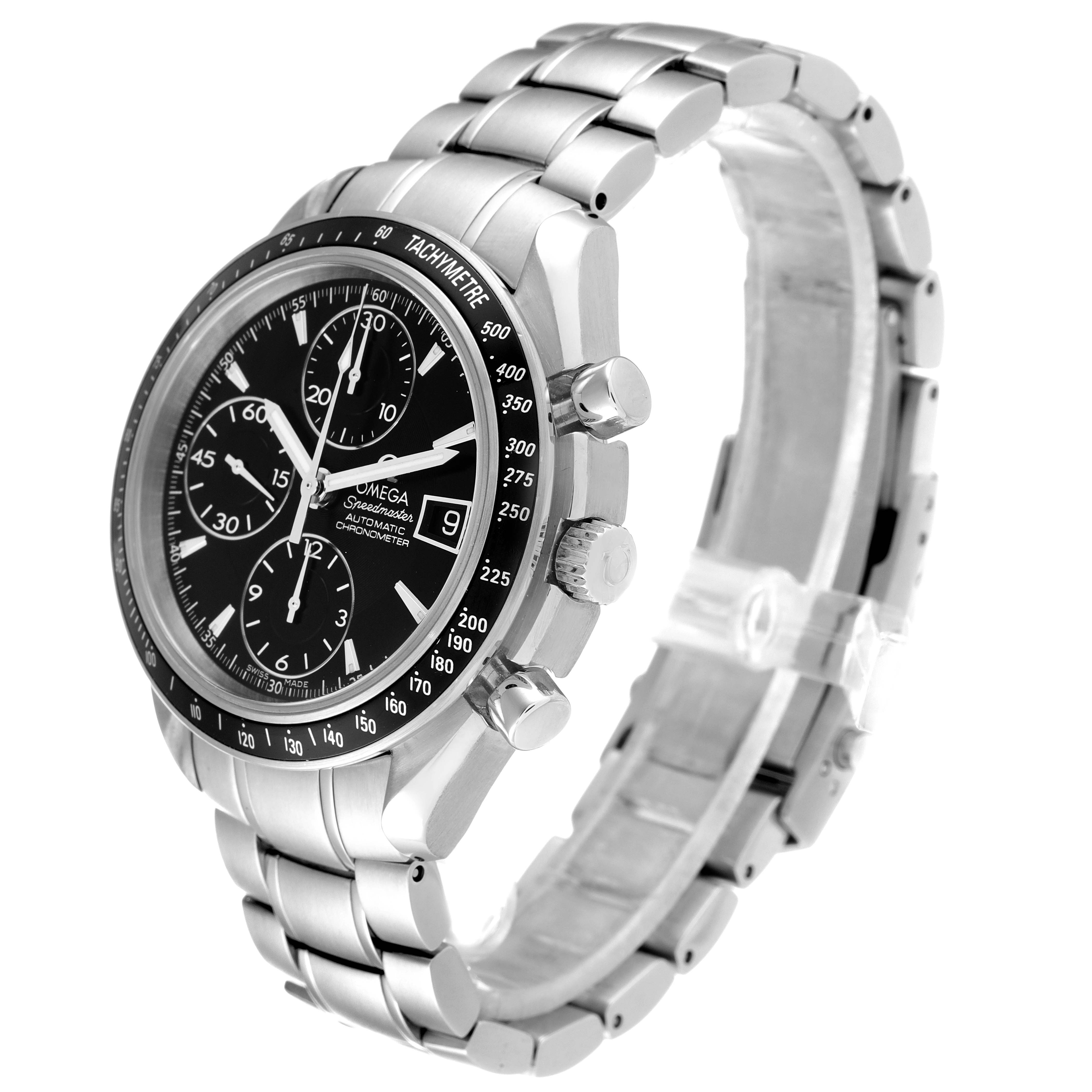 The photo shows an angled view of the Omega Speedmaster 3210.50.00 Men
s Stainless Steel Black Dial 3210.50.00 Men
s Stainless Steel Black Dial watch, highlighting the face, bezel, crown, pushers, and bracelet.